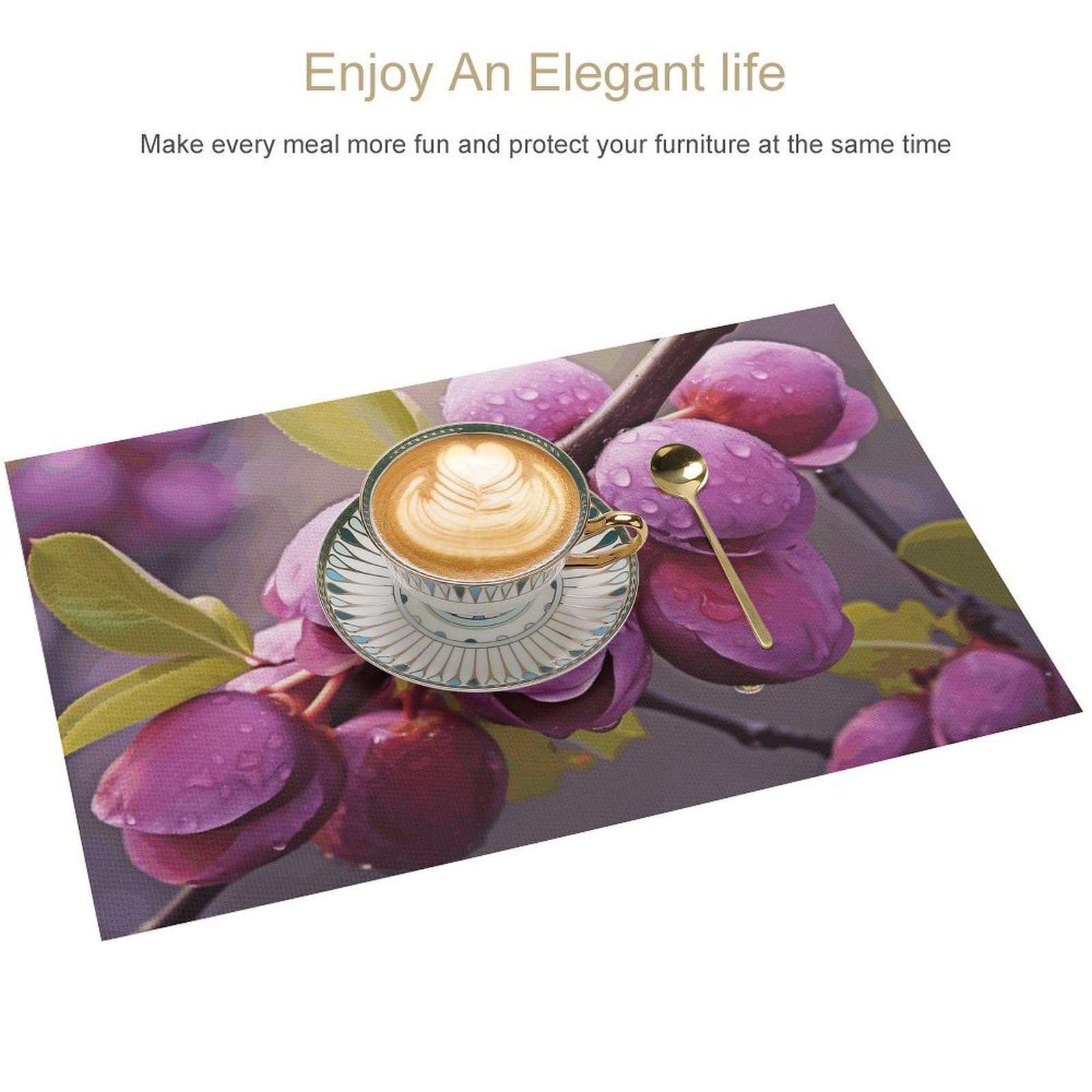 Blooming Plum - Set di 6 tovagliette in PVC, lavabili, resistenti al calore, antiscivolo, impermeabili, per interni ed esterni, tavolo da pranzo, cucina, feste