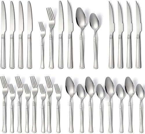 Juego de cubiertos de 24 piezas con cuchillos para carne, juego de cubiertos de acero inoxidable para 4 juegos de cubiertos, incluye tenedores,