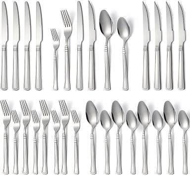 24-Piece Silverware Set with Steak Knives Stainless Steel Flatware Set Service for 4 Cutlery Utensil Sets Includes Forks Knives Spoons Set for Home Kitchen Restaurant