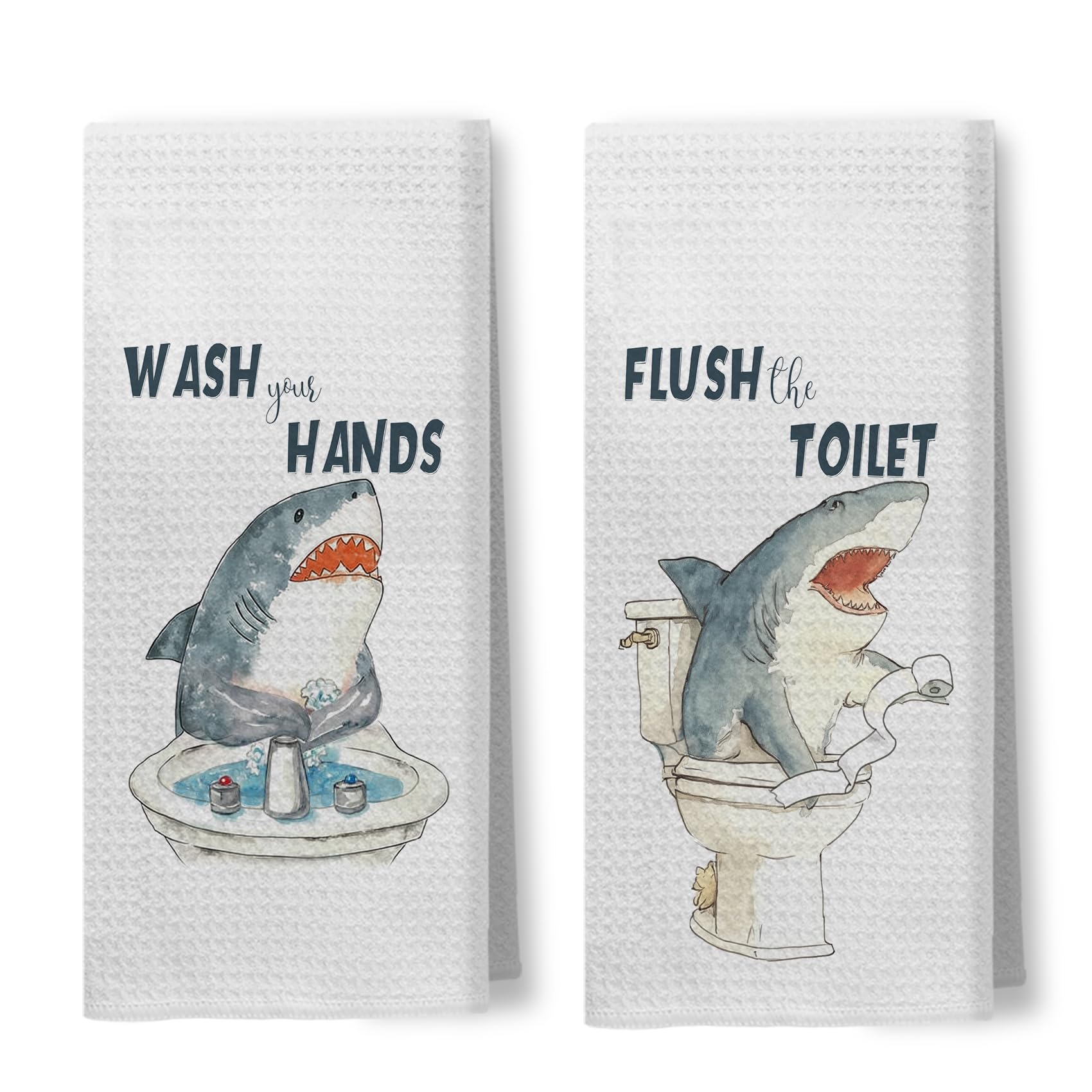 Foritho Funny Shark Hand Towels for Bathroom, Shark Bathroom Decor, Wash Your Hands Flush The Toilet Hand Towels for Kids Bath Room Washroom Toilet,