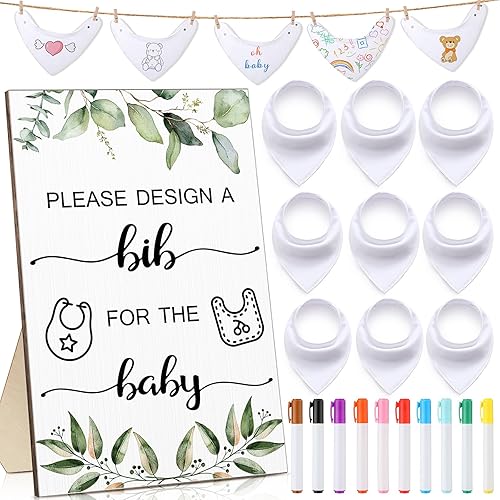 Qunclay Juego de 36 baberos para baby shower, diseño de babero para bebé, 25 baberos blancos en blanco para bebé, 1 letrero de babero de madera, 10 disponible en Yaxa Peru