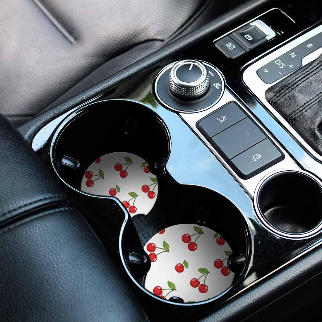 Red Cherry Podstawki samochodowe na uchwyty na kubki, owoce, tropikalne słodkie jagody, 2 sztuki, do samochodu, antypoślizgowa ceramiczna mata samochodowa z wycięciem na palec, urocze akcesoria do