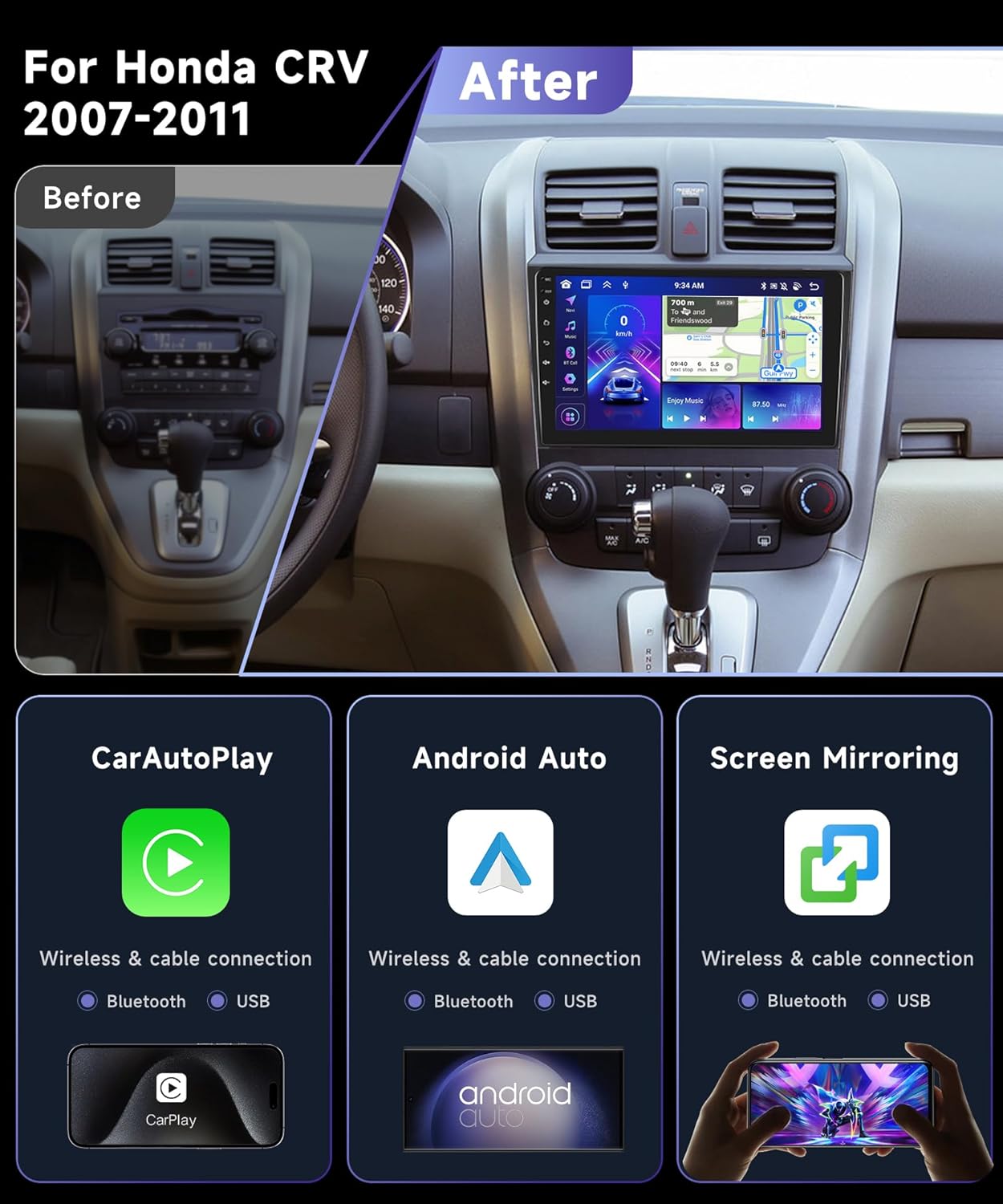 Before and after installation of the car stereo in a Honda CRV dashboard