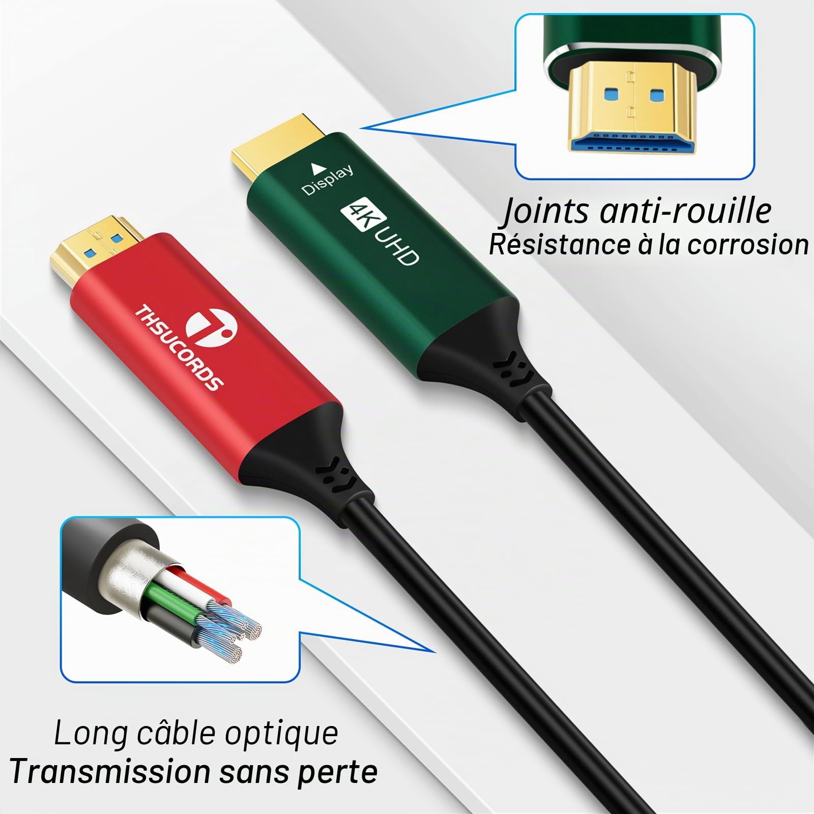 Thsucords Câble HDMI à Fibre Optique 4K 50M, Câble HDMI 2.0 Compatible UHD 4K @ 60 Hz HDR/18 Gbit/s/4:4:4/3D/ARC/HEC/pour RTX 3080/3090 Xbox Series X PS9 Denon AV Récepteur LG Samsung Sony TV