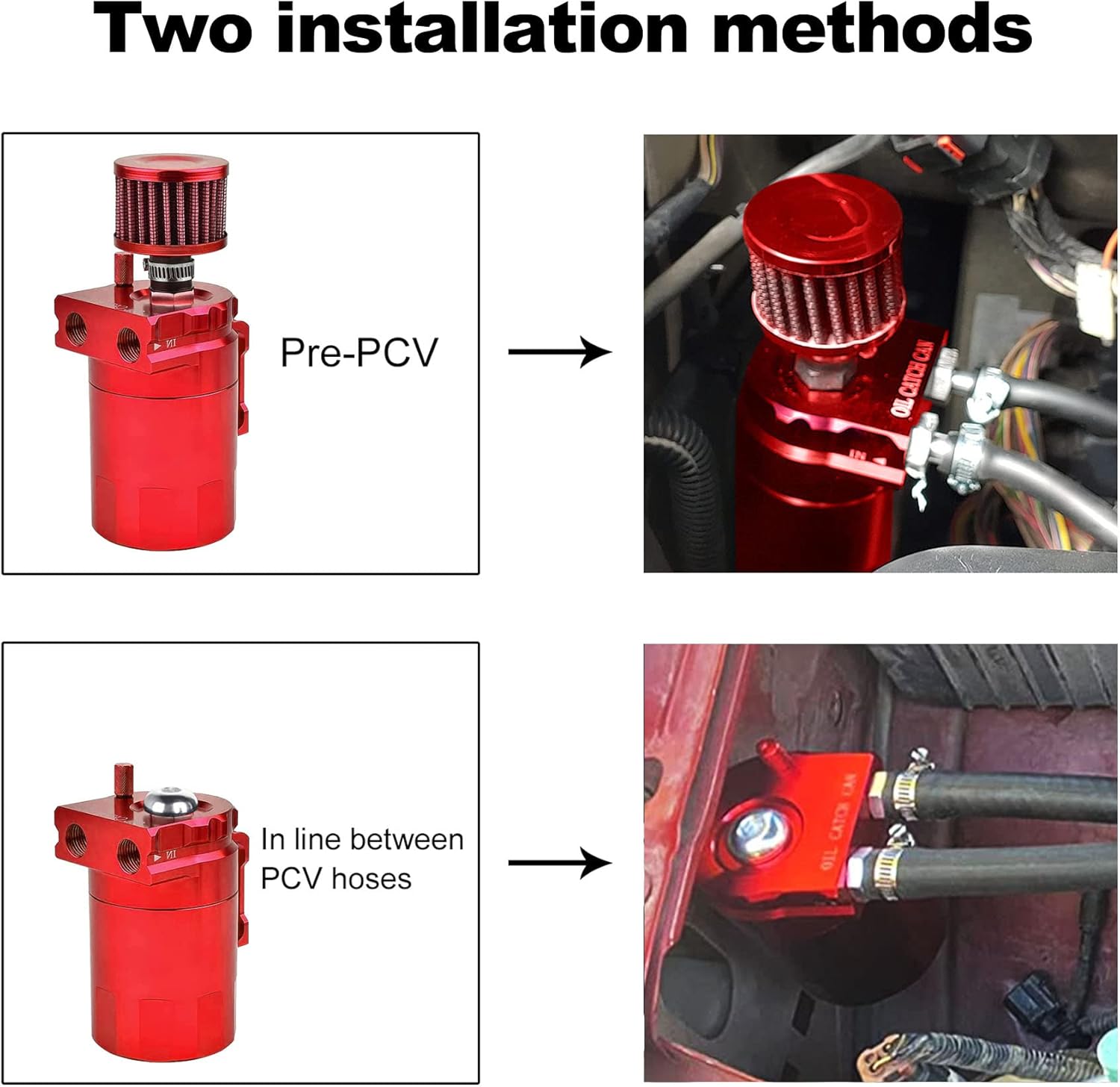 EVIL ENERGY Baffled Oil Catch Can with Breather Filter 300ML Red Bundle with 800ML Overflow Tank Black