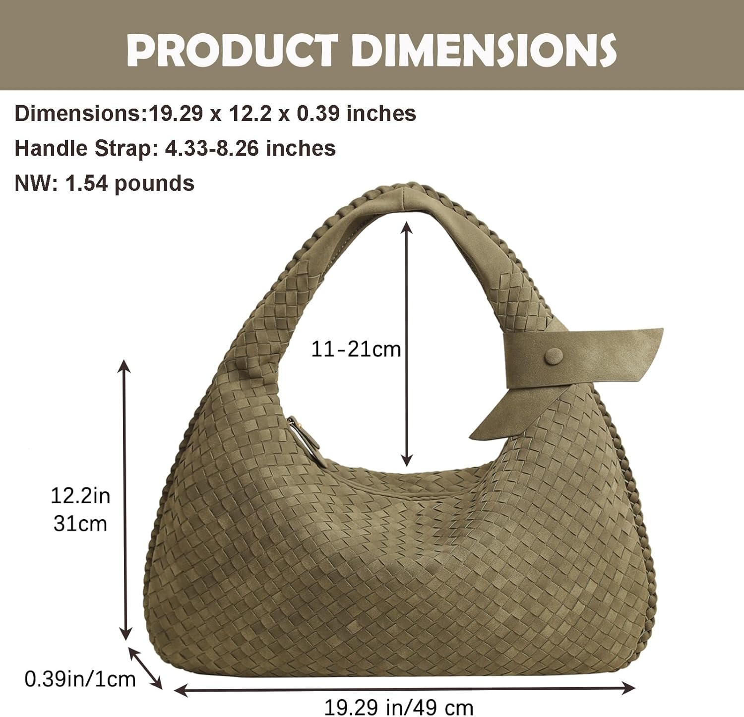 Women's Faux Suede Bag, Woven Bag, Shoulder Bag Slouchy Hobo, Suede Handbag with Zipper Closure - Image 2