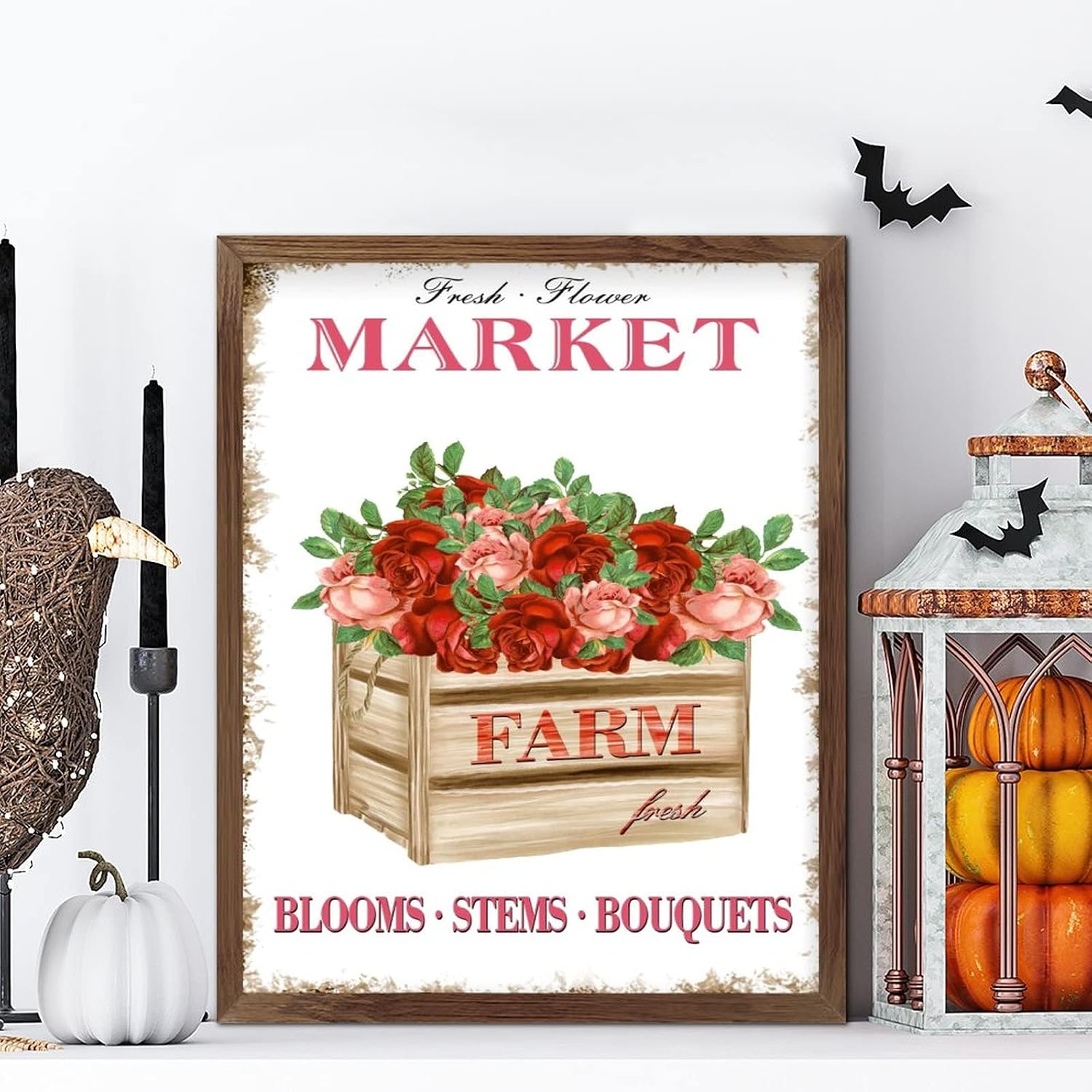Farm Fresh Flower Market Wood Framed Sign Spring Fresh Rose Floral Box Welcome Sign Retro Garden Floral Wood Wall Hanging Decor for Home Restroom Bathroom Toilet Kitchen 20x16inch