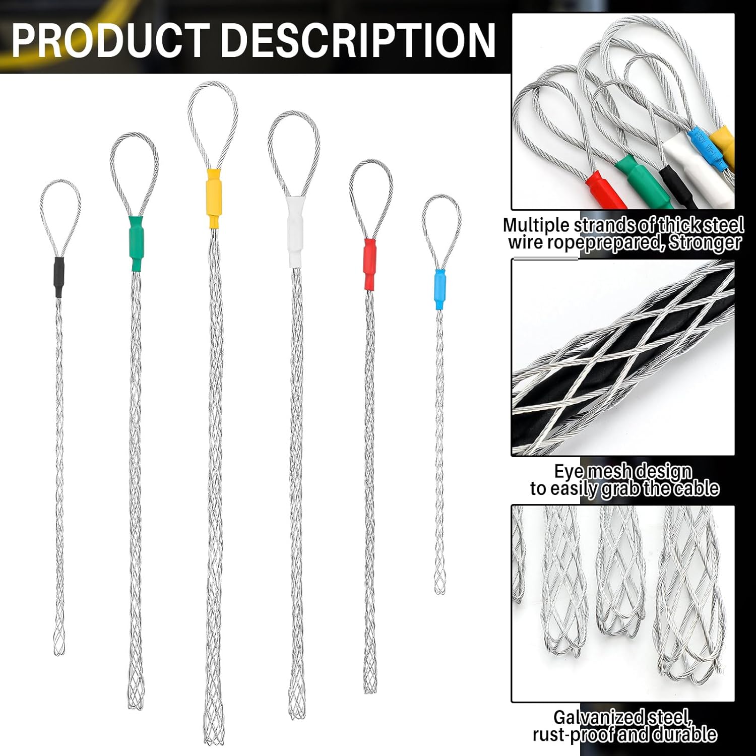 6 Pcs Cable Puller Socks 4-25 mm Cable Pulling Sock Grip Kit Eye Mesh Wire Grip Cable Puller Wire Mesh Cable Grip Galvanized Steel Wire Pulling Tools for Light and Heavy Cables