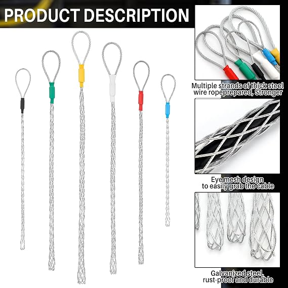 Yaocom 6 Pcs Cable Puller Socks 4-25 mm Cable Pulling Sock Grip Kit Eye Mesh Wire Grip Cable Puller Wire Mesh Cable Grip Galvanized Steel Wire Pulling Tools for Light and Heavy Cables