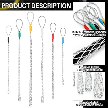 Yaocom 6 Pcs Cable Puller Socks 4-25 mm Cable Pulling Sock Grip Kit Eye Mesh Wire Grip Cable Puller Wire Mesh Cable Grip Galvanized Steel Wire Pulling Tools for Light and Heavy Cables
