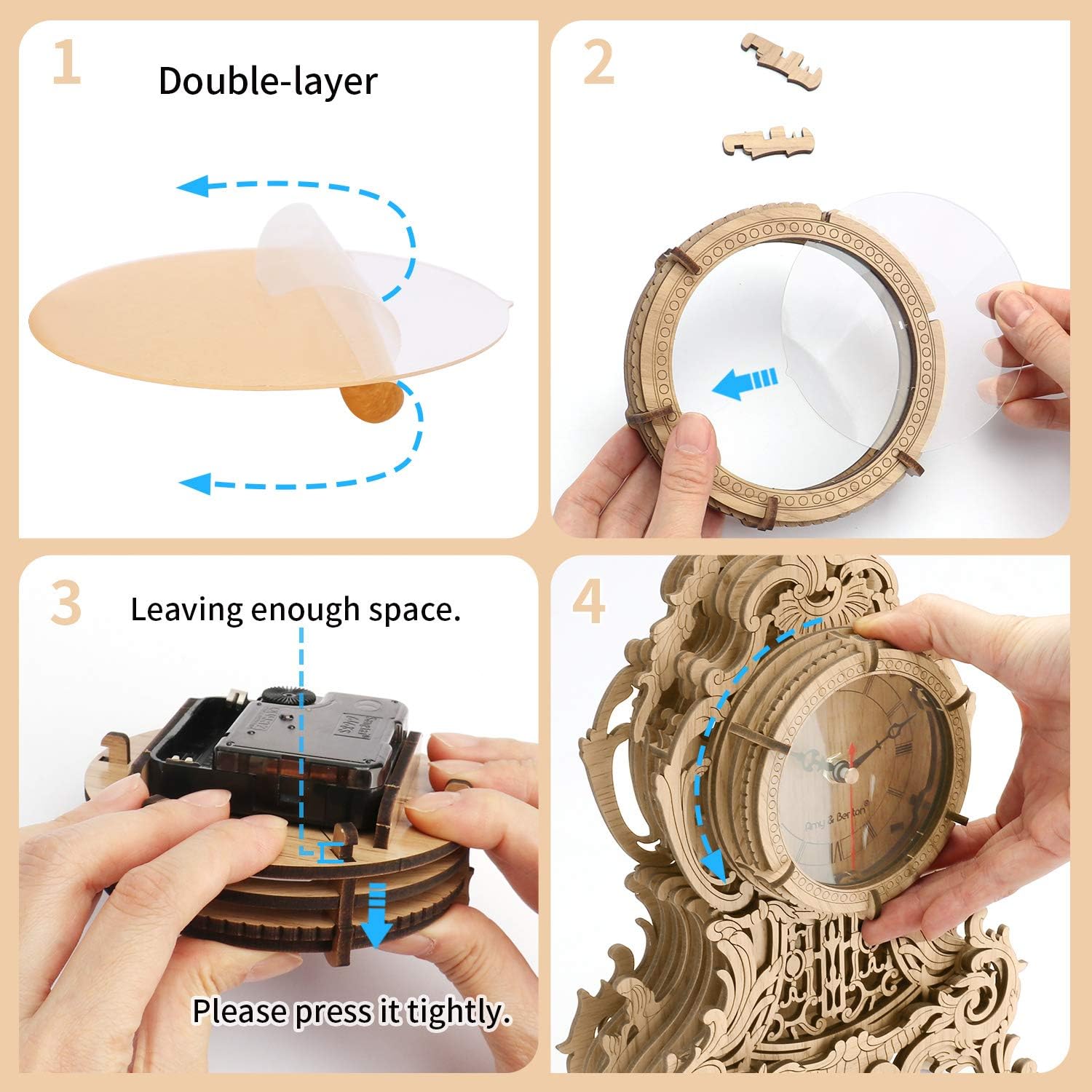 Amy&Benton 3D Wooden Puzzle Clock Model Kits for Adults- Baroque Desk Clock