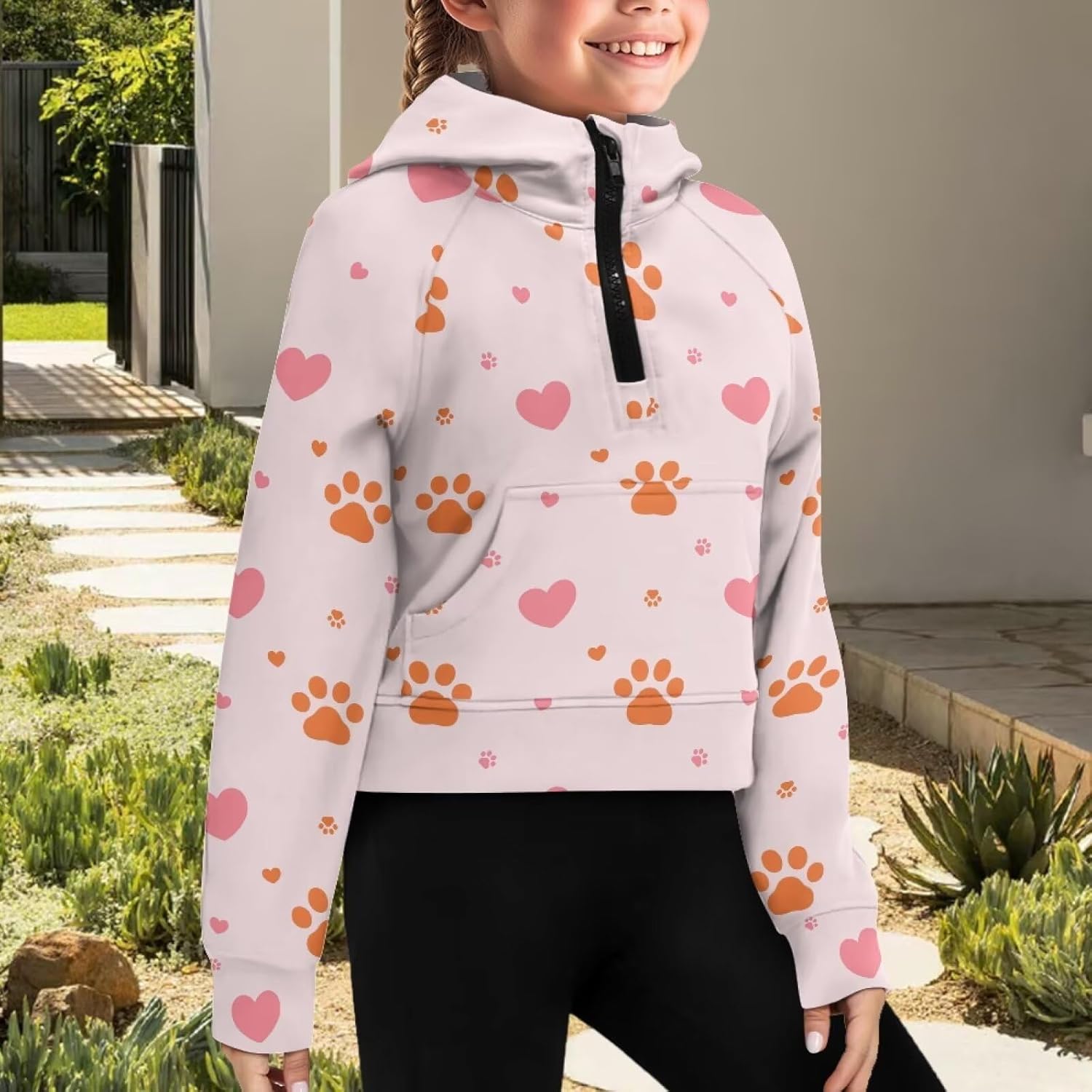 Girls Half Zip Hoodies Fashion Long Sleeve Drop Shoulder Hooded Sweatshirt Pullover with Side Pockets 5-14 Years