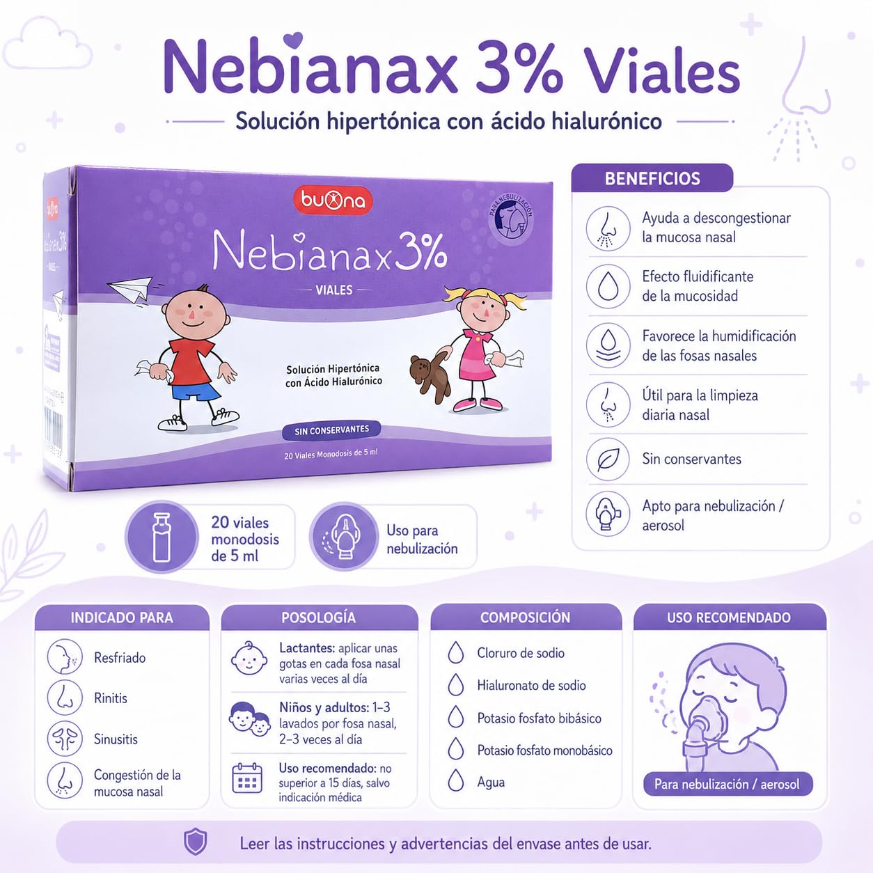 Buona Nebianax 3% Solución Salina Hipertónica con Ácido Hialurónico - Pack Ahorro 2 x 20 Viales de 5ml - Descongestivo Nasal para Bebés y Niños - Alivio Rápido de Mocos y Congestión - Nebial