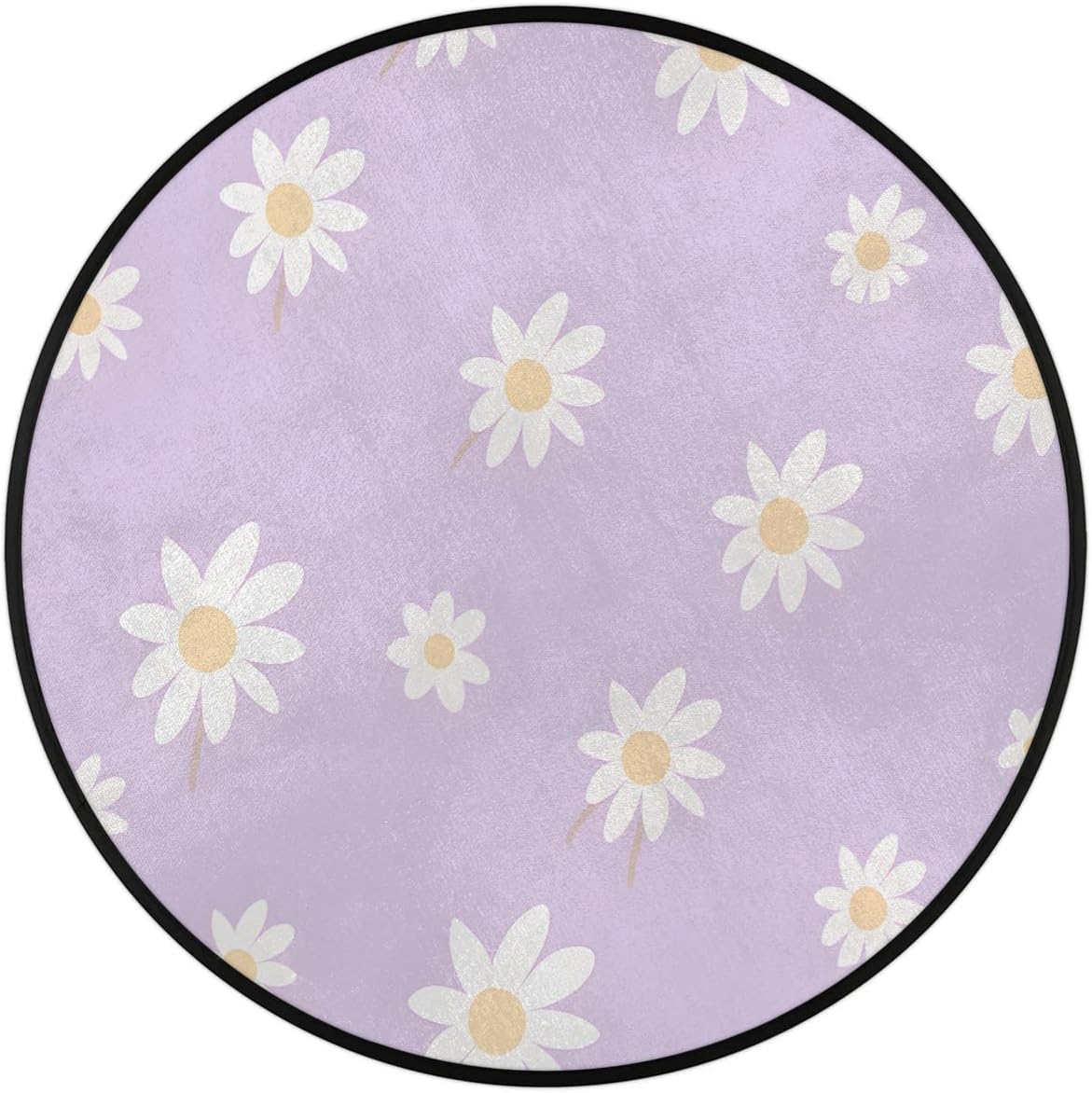 Daisy White Purple Round Area Rug 3ft Washable Soft Circle Rugs Non-Slip Indoor Floor Mats Throw Rug Carpet for Nursery Kids Room Living Room Entryway Bedroom Bathroom Decor