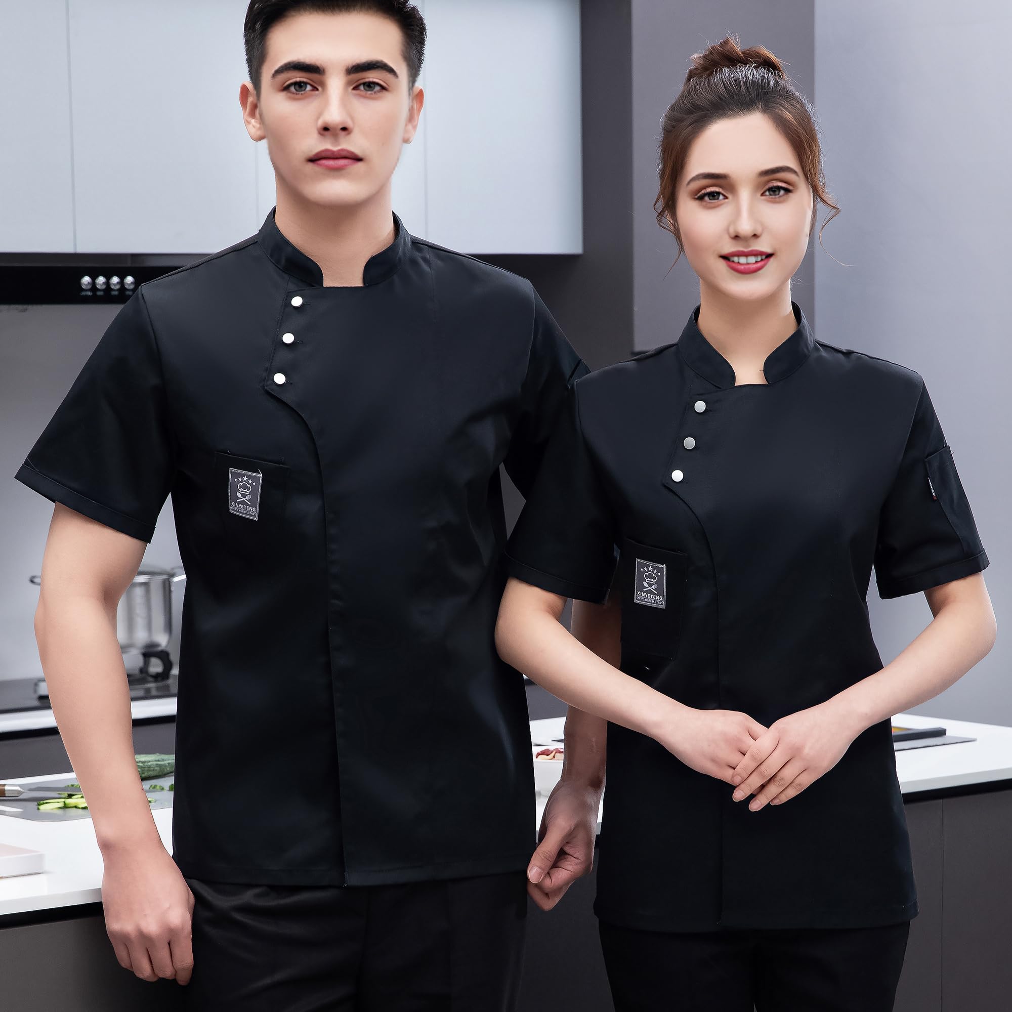 Veste de Cuisine Personnalisée Manches Courtes Nom & Logo Brodés | Veste De Cuisine Professionnelle Avec Broderie Personnalisée Pour Restaurants, Hôtels, Cafés Et Traiteurs