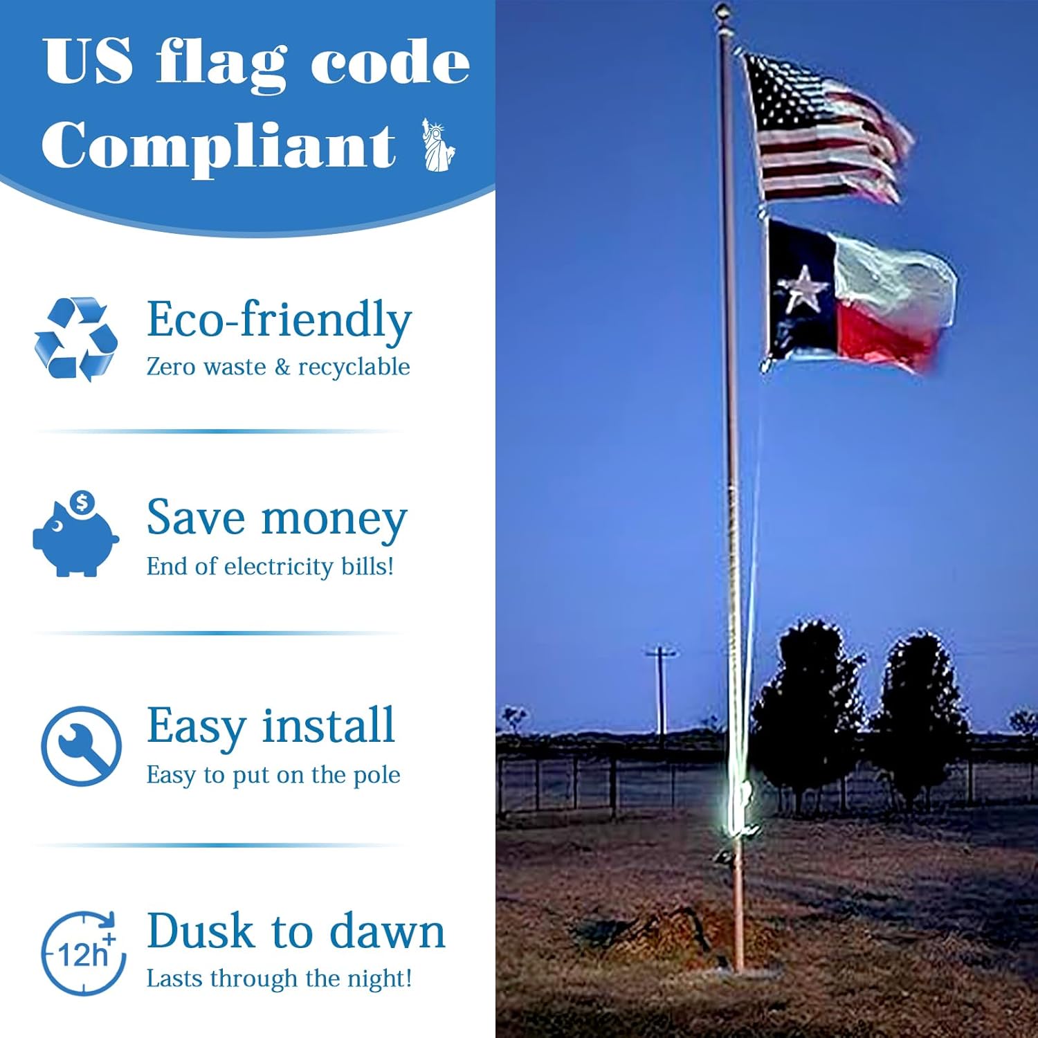 Solar Flag Pole Light 3 Super-Spotlights LEDs, Adjustable Metal Clamps Fits 2-6''Flag Poles, IP65 Waterproof Outdoor Solar Powered Flagpole Lights, 360 Degrees of Flag Illumination Flag Ground House