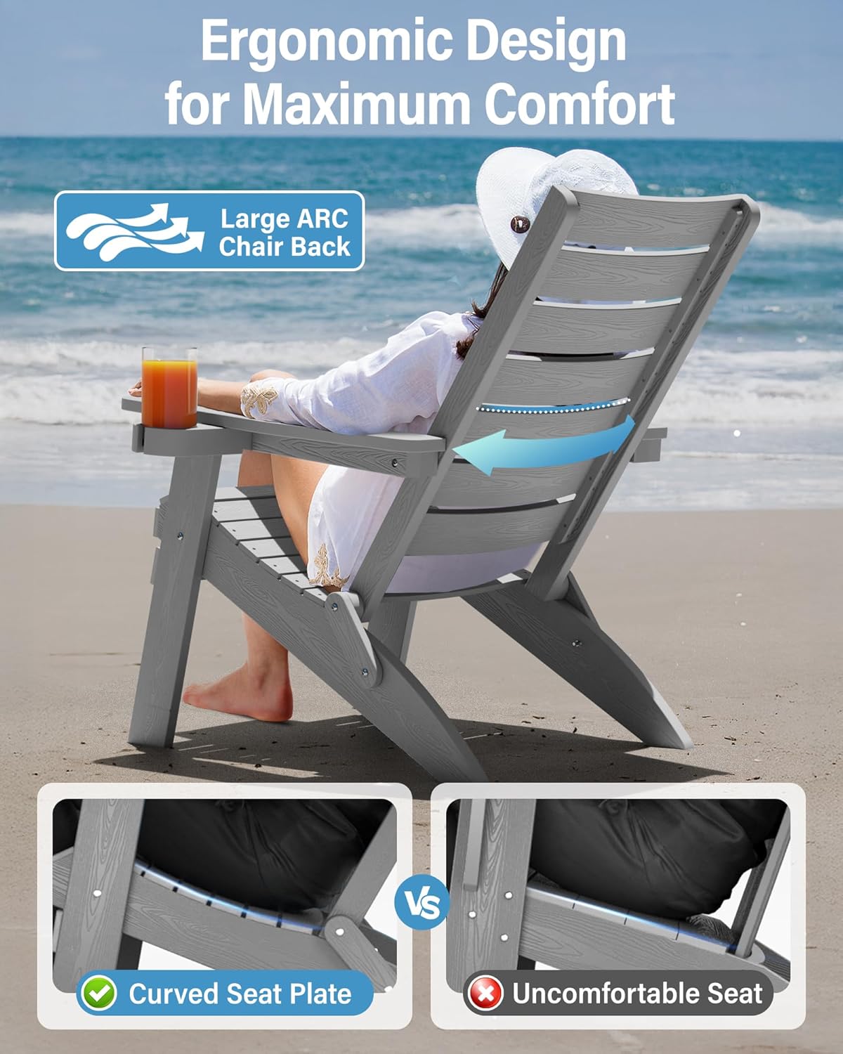 YEFU Adirondack Chair Set of 2 Outdoor: Oversized Folding Adirondack Chairs with Arc Back & Cup Holder, Weather Resistant Fire Pit Chairs for Patio Lawn Garden Backyard Deck, Grey