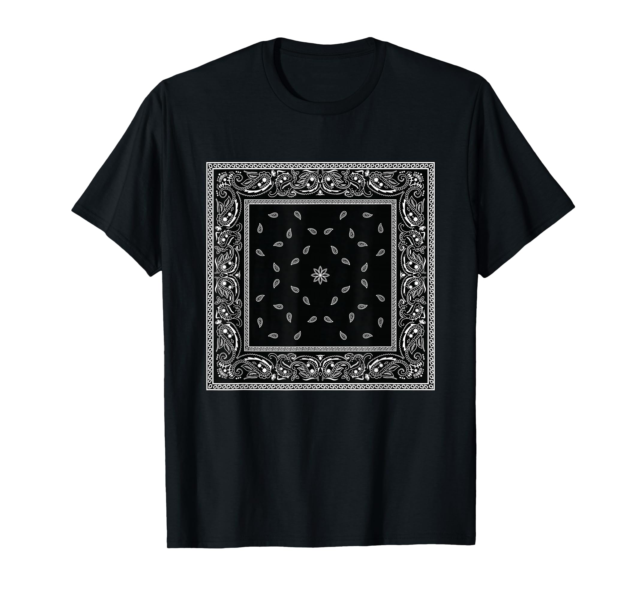 Men's Black White Bandana Print Tee Black Paisley Pattern T-Shirt