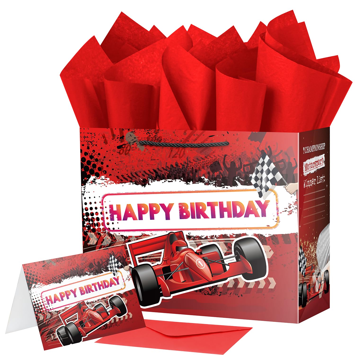 Ranfashiong Large 13" Racing Car Birthday Gift Bag with Tissue Paper, for Wheel Club Party Supplies, for Men Boys Teens Kids (Red)