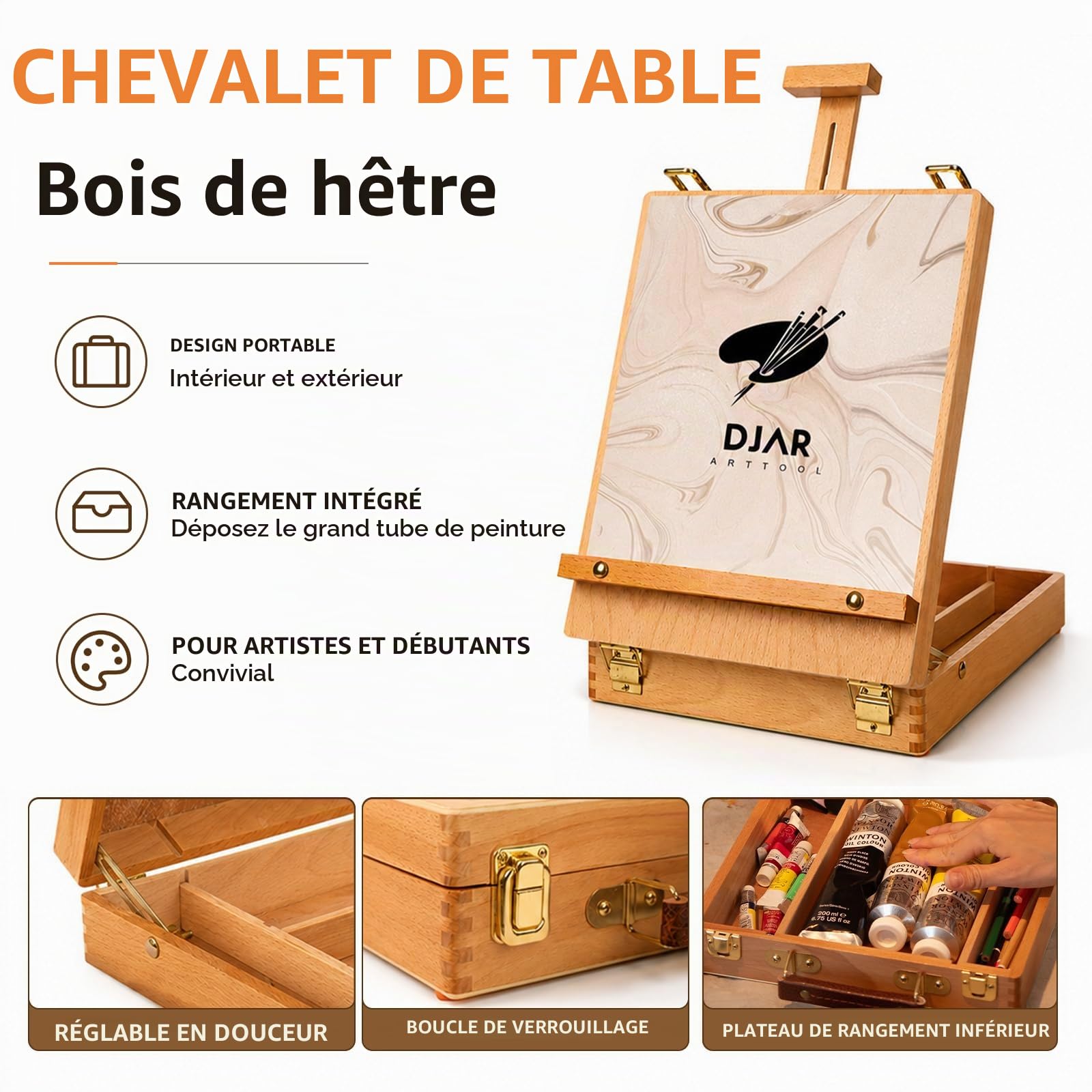 DJAR Ensemble de 49 pièces de peinture acrylique avec chevalet de table, kits de peinture avec 24 peintures acryliques de couleur, toile tendue de 27,9 x 35,6 cm, fournitures de peinture d'art pour