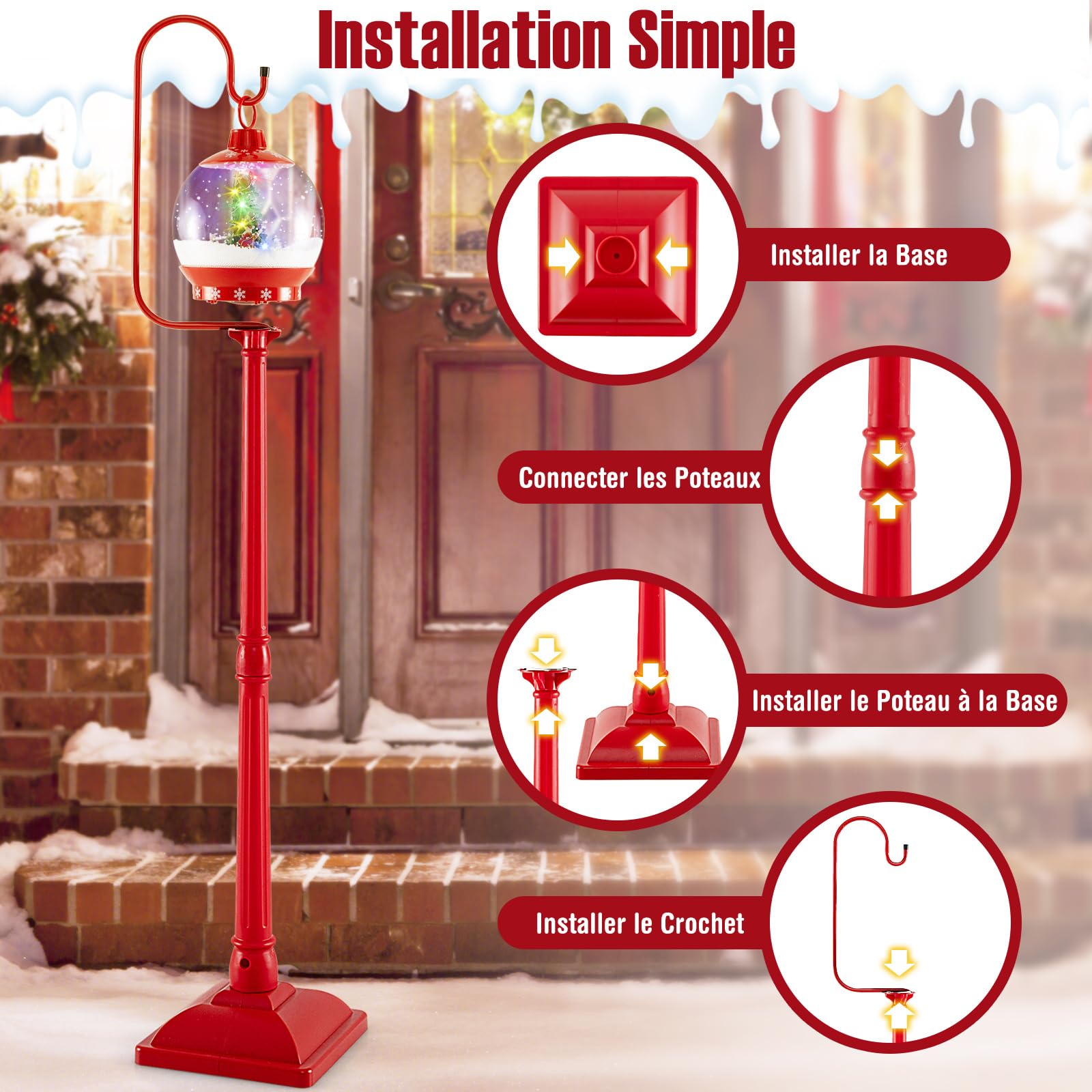 COSTWAY Lampadaire Musical de Noël de 173 cm, Lampadaire avec Lanterne à Boule de Neige Activée par Le Son Arbre Rotatif Père Noël Cerf Bonhomme de Neige, Décoration Lampe pour Maison Porche