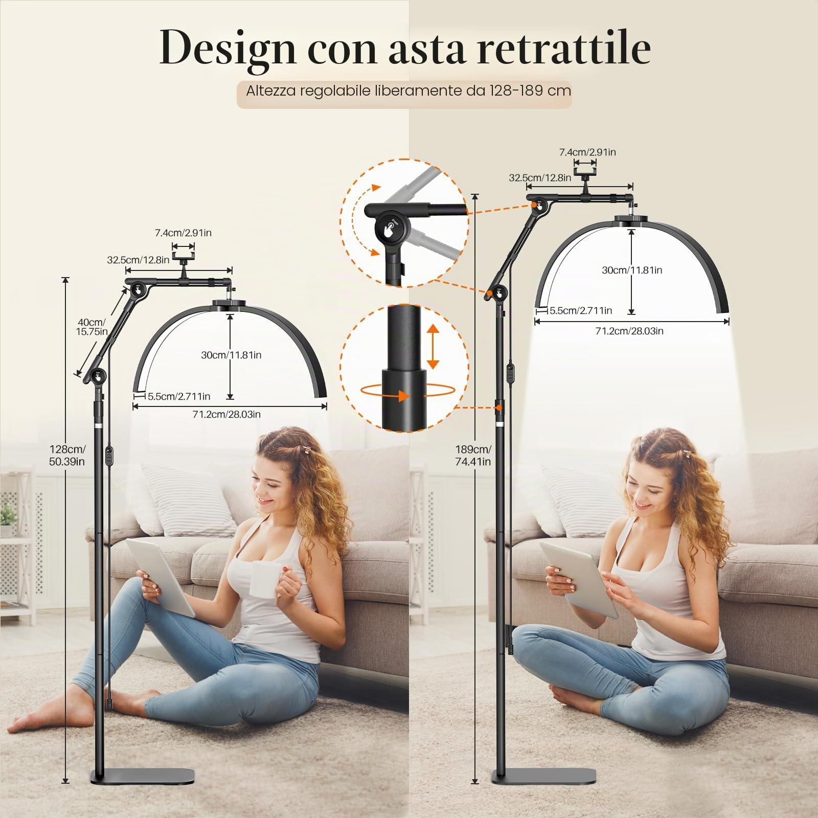 Lampada Extension Ciglia Professionale: 28" Lampada per Ciglia Regolabile con Supporto per Telefono - Testa Regolabile a 360°& 3000K-6500K per Tatuaggi, Truccatori, Nero