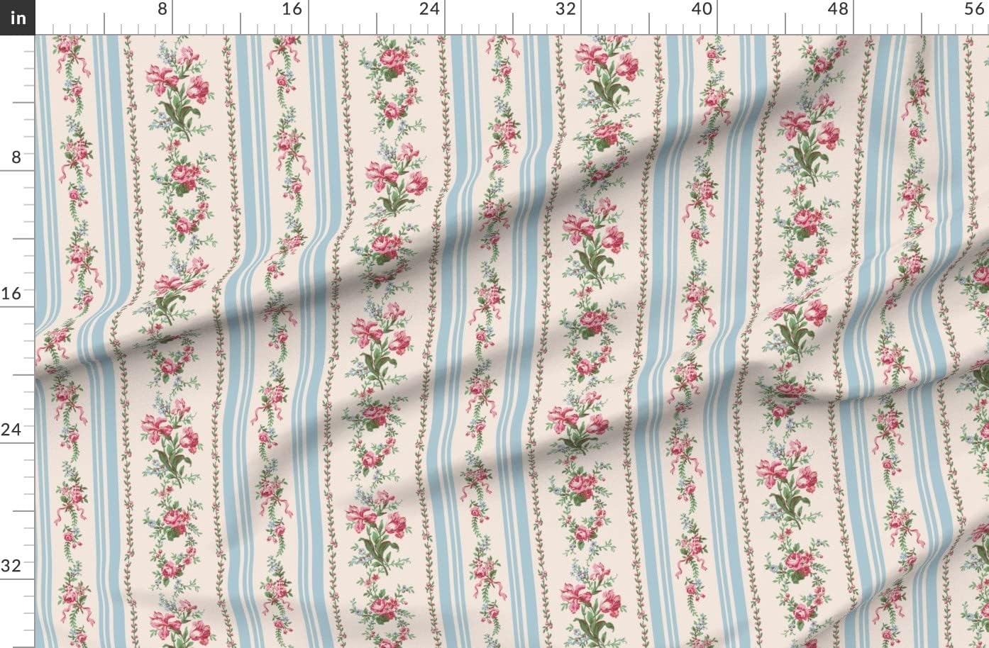 Spoonflower Fabric - Grandmillenial Floral Stripe Pink Cream Blue Shabby Chic Printed on Organic Cotton Sateen Fabric by The Yard - Sewing Quilting Apparel Home Decor