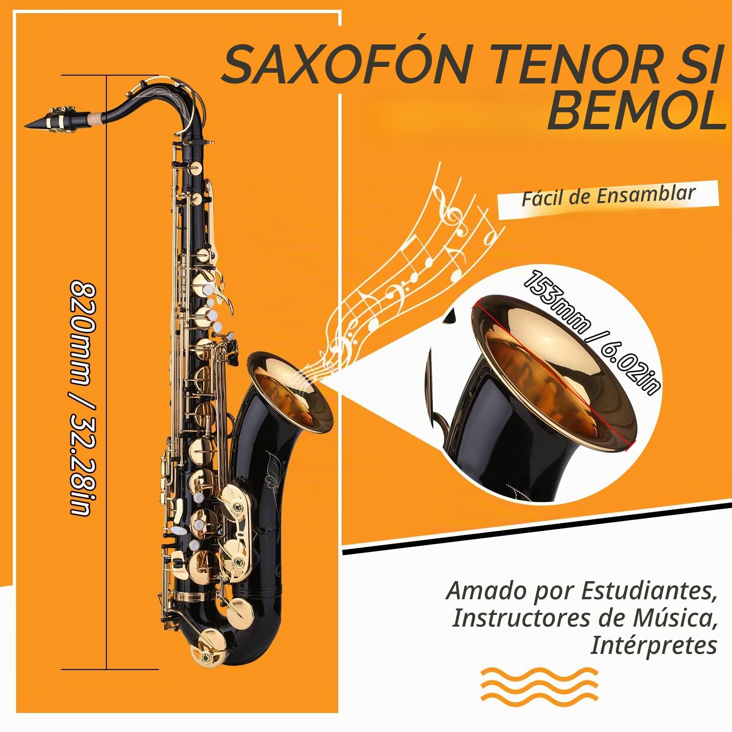 Saxofón Tenor en si Bemol Saxofón Lacado en Negro en si Bemol con Estuche para Instrumentos Boquilla Correa para el Cuello Paño de Limpieza Cepillo para músicos Principiantes