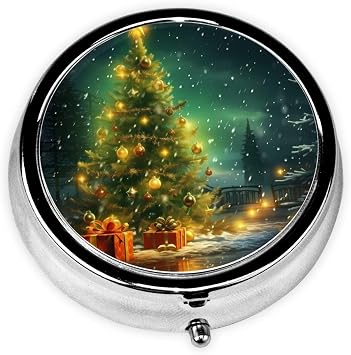 Pill Box with Mirror Christmas Trees 3 Compartment Small Pill Case for Purse Or Pocket Mini Metal Pill Holder Travel Weekly Medicine Tablet Vitamin Holder Organizer Travel Gifts