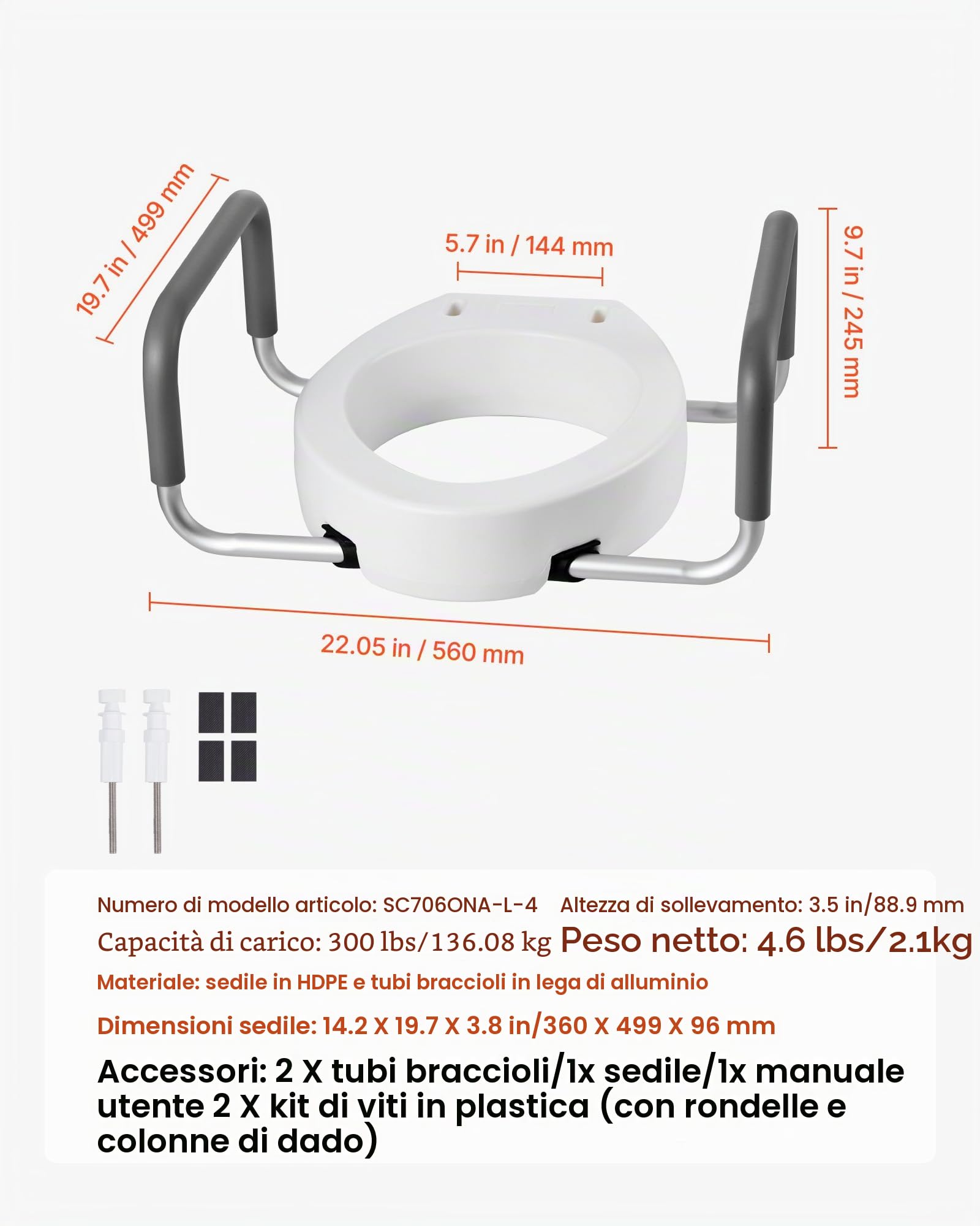 VEVOR Sedile WC Rialzato da Bagno con Capacità di Carico di 136 kg e Altezza di Sollevamento di 88,9 mm, Sedile WC Rialzato e Allargato Universale con Braccioli per Anziani, Disabili, Adulti