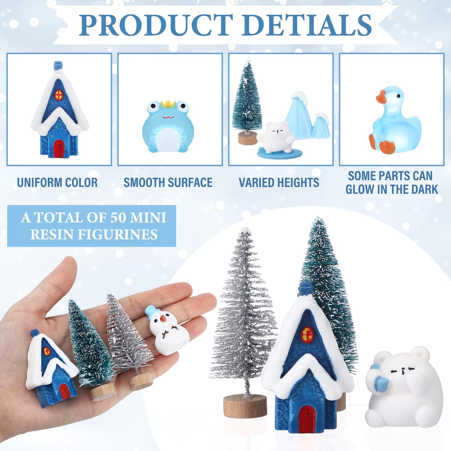 Skylety 50 Pieces Winter Miniature Figurines, Tiny Mini Resin Snow Globe Figurines Snowman Bear Animal Xmas Tree Fairy Garden House Xmas Ornaments for DIY Winter Snow Globe Craft Landscape Home Decor - Image 3