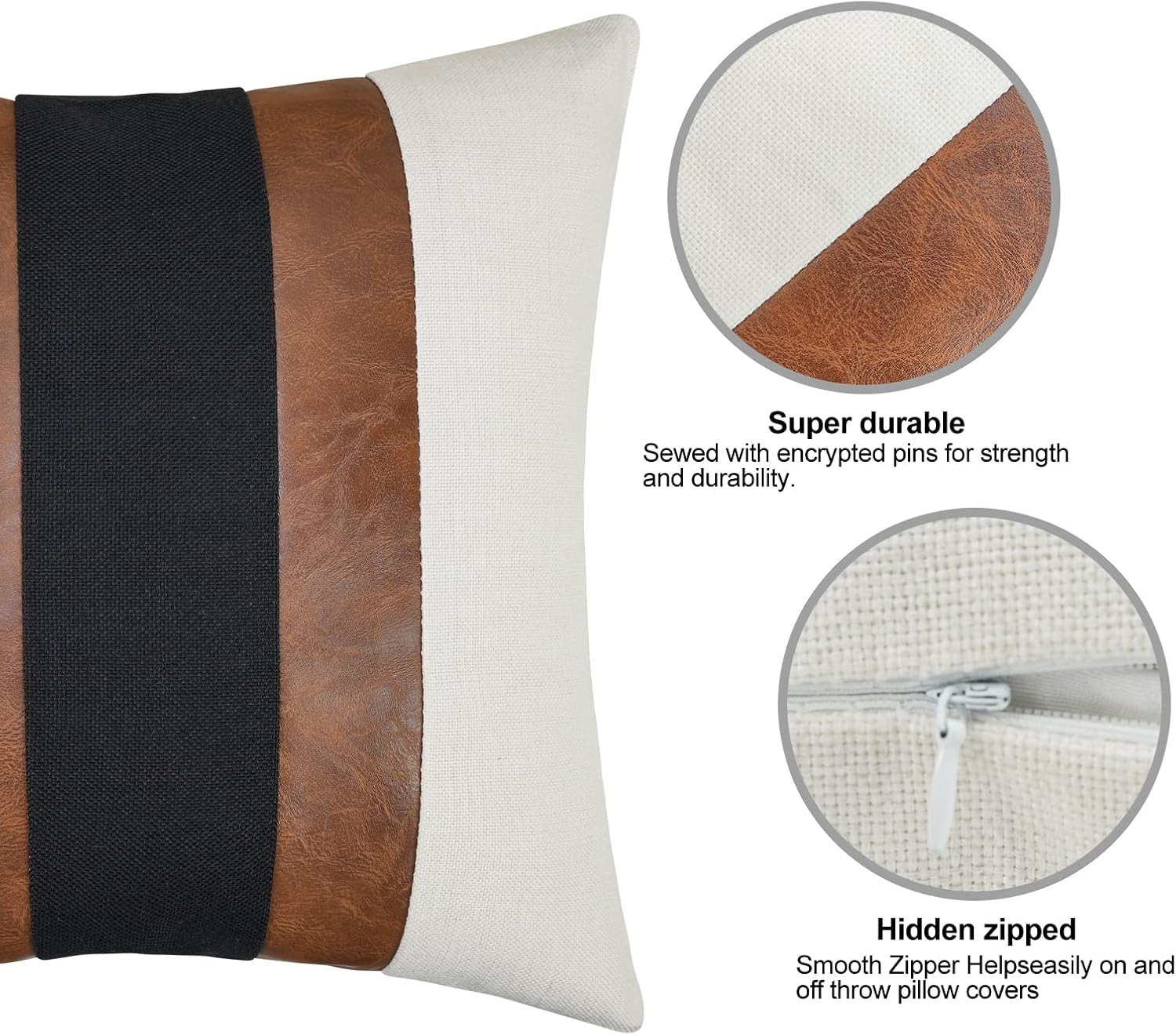 JASEN Black and White Leather Throw Pillow Covers Brown Faux Leather Decorative Pillow Cover Boho Modern Stripe Accent Cushion Cover Couch Bed Sofa 18x18