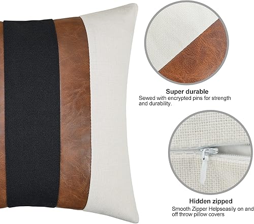 Miniatura 4 de JASEN Fundas de almohada de cuero blanco y negro, funda de almohada decorativa de piel sintética marrón, estilo bohemio, moderno, a rayas, funda de