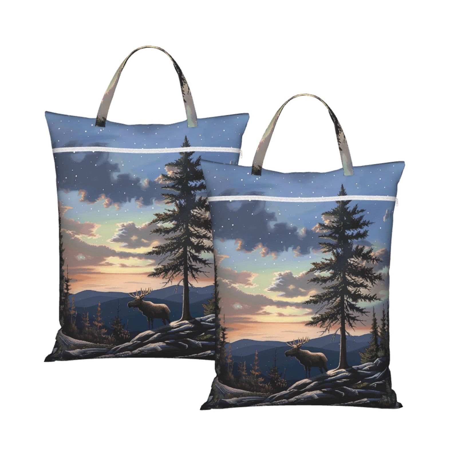 Large Travel Laundry Bags,Moose Mountain Pine Tree Wilderness Print with Handle Foldable Laundry Bag for Holidays Gym Swimming and Family Trips, 2Pcs
