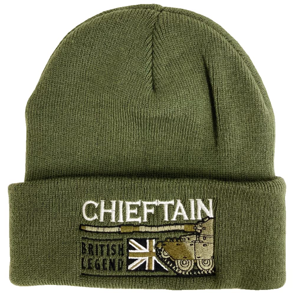 The Wooden Model Company Ltd Chieftain Embroidered Woollen Green Beanie Hat British Army Main Battle Tank.