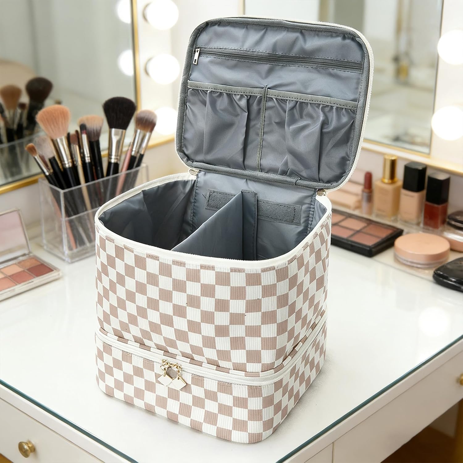 Checkered Nail Polish Organizer Bag Nail Supplies Organizer Holds 30 Bottles Nail 2 Layers Nail Kit Storage Case