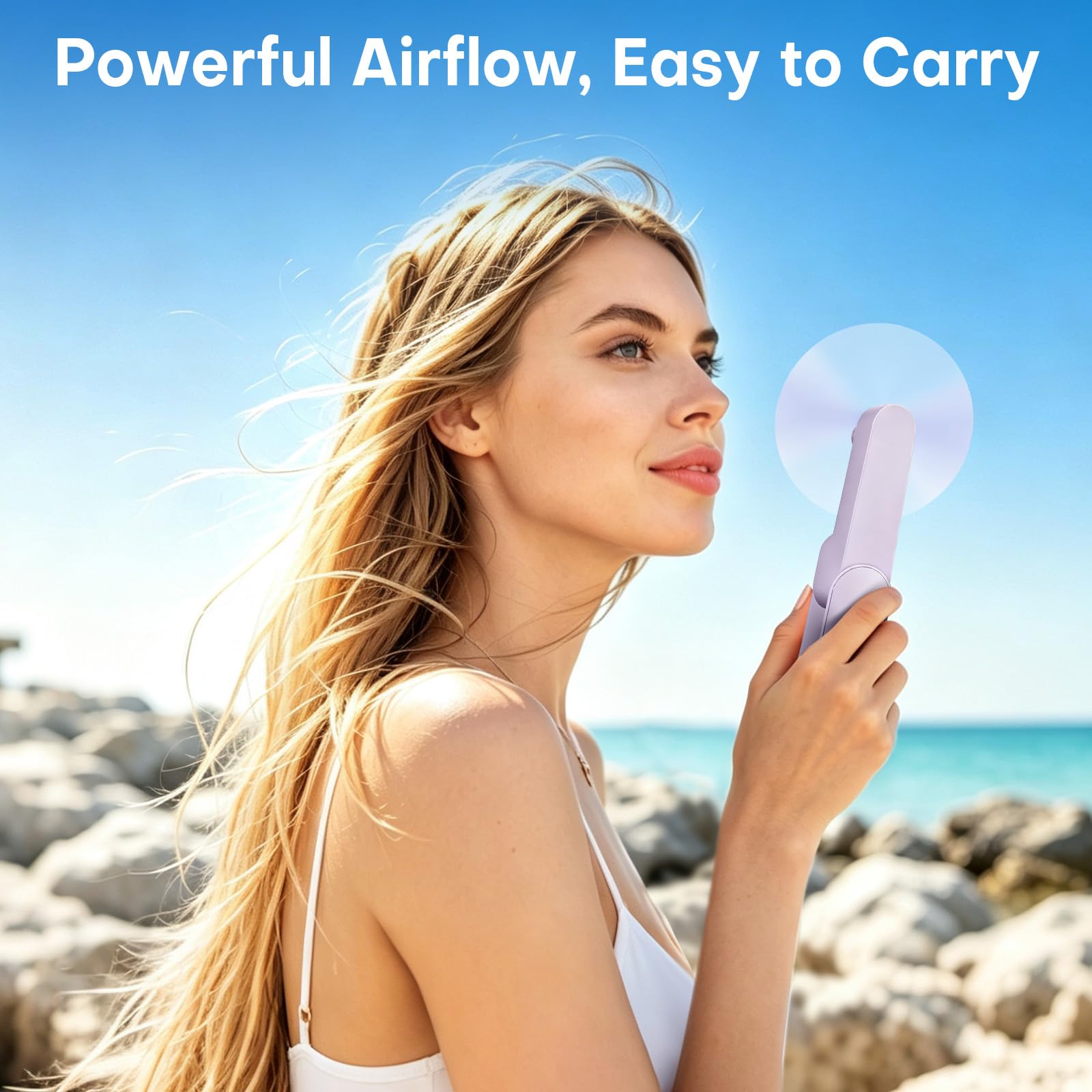 Mini ventilatore portatile, ventilatore da viaggio ricaricabile a 3 velocità [9-15 ore di lavoro], piccolo ventilatore portatile USB tascabile, ventilatore personale con power bank per donne,