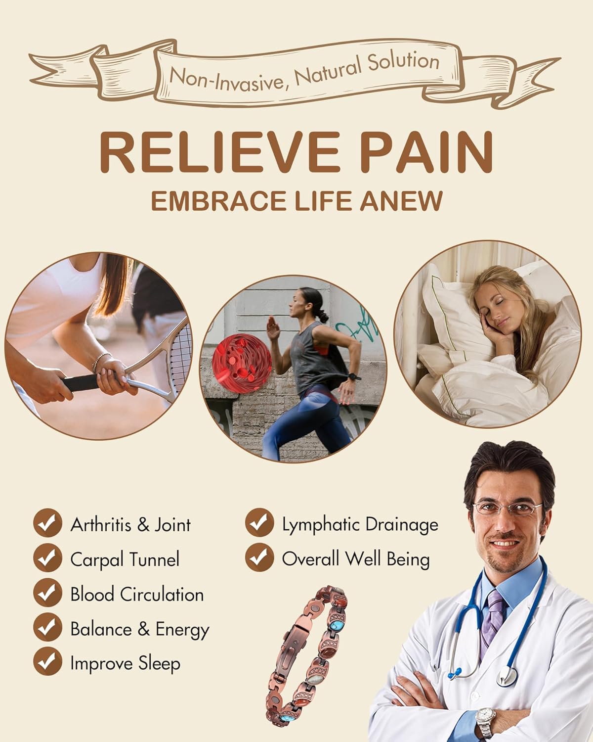 Feraco Pure Copper Bracelets for Women, Ultra Strength Magnetic Bracelet with 3800 Gauss Magnets & Natural Turquoise & Stones, Adjustable, Jewelry Gift - Image 5