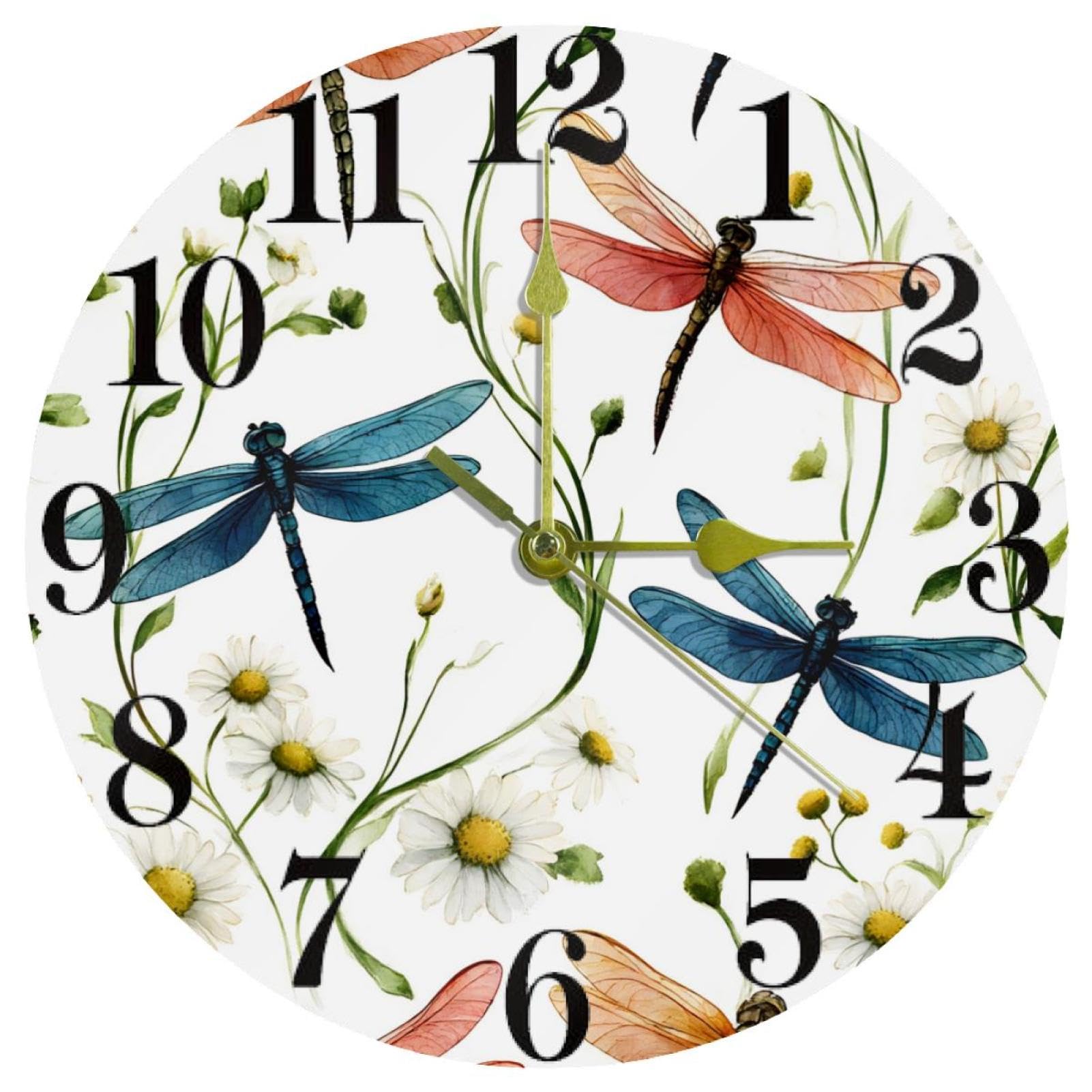 Horloge murale colorée libellule marguerite silencieuse ronde à piles pour salon et cuisine