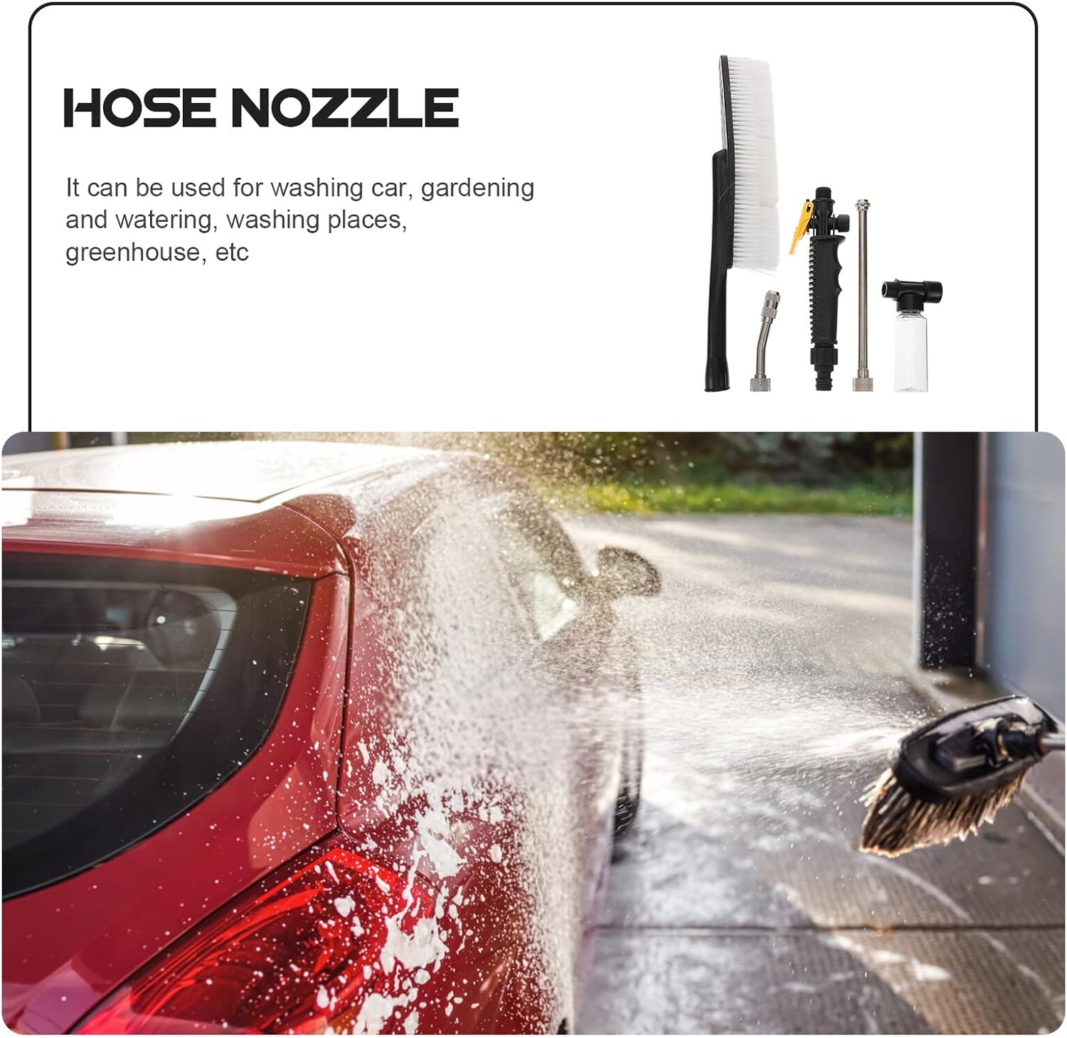 Vaguelly High Pressure Sprayer Nozzle for Car Washing with Long Handle Soft Foam Brush Head, Garden Watering Hose Attachment for Exterior Car Care and Cleaning