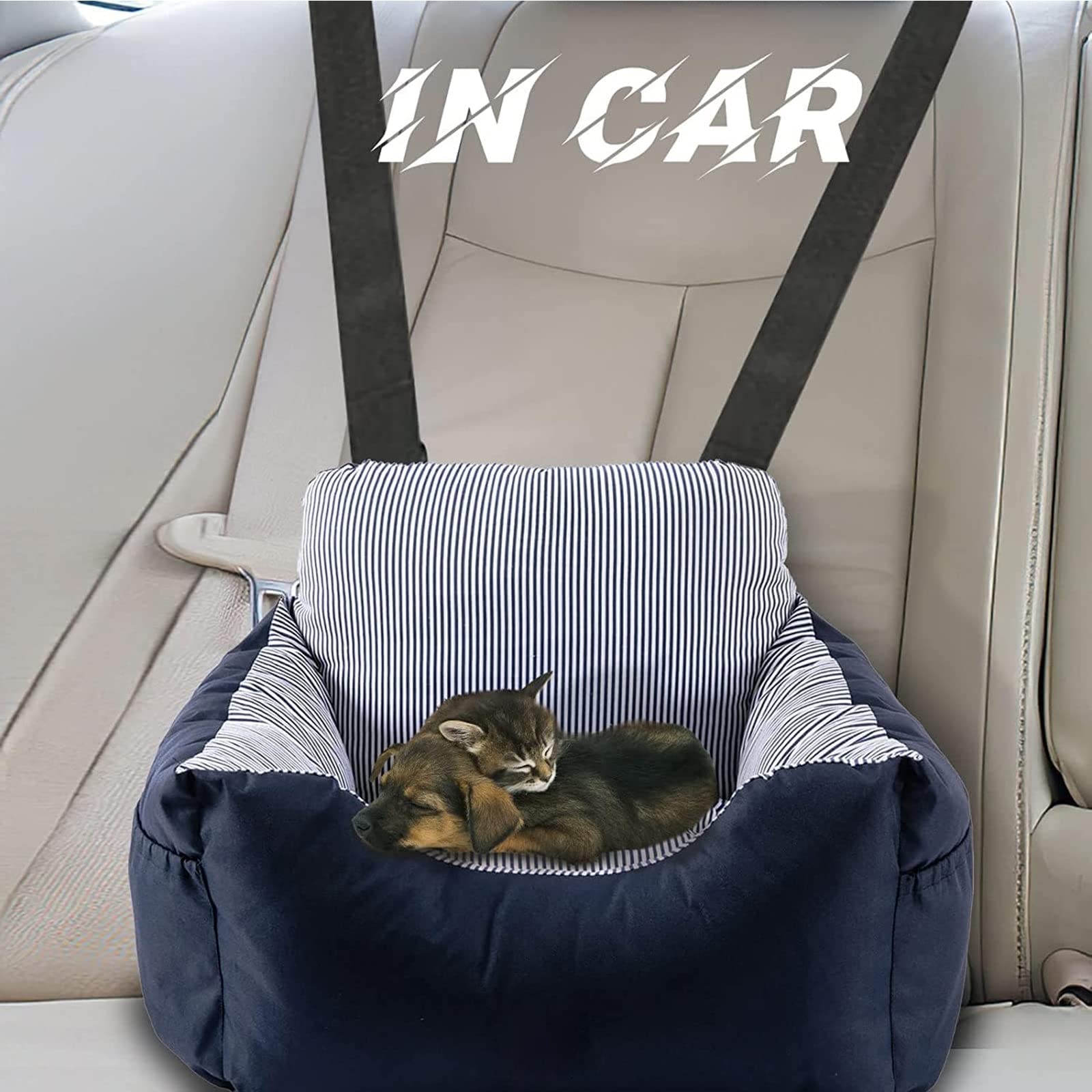 Asiento De Coche para Perros, Asiento Elevador para Mascotas con Cama para Cachorros Y Gatitos, Cama para Mascotas para Interior con Bolsa De Almacenamiento, Correa De Arnés