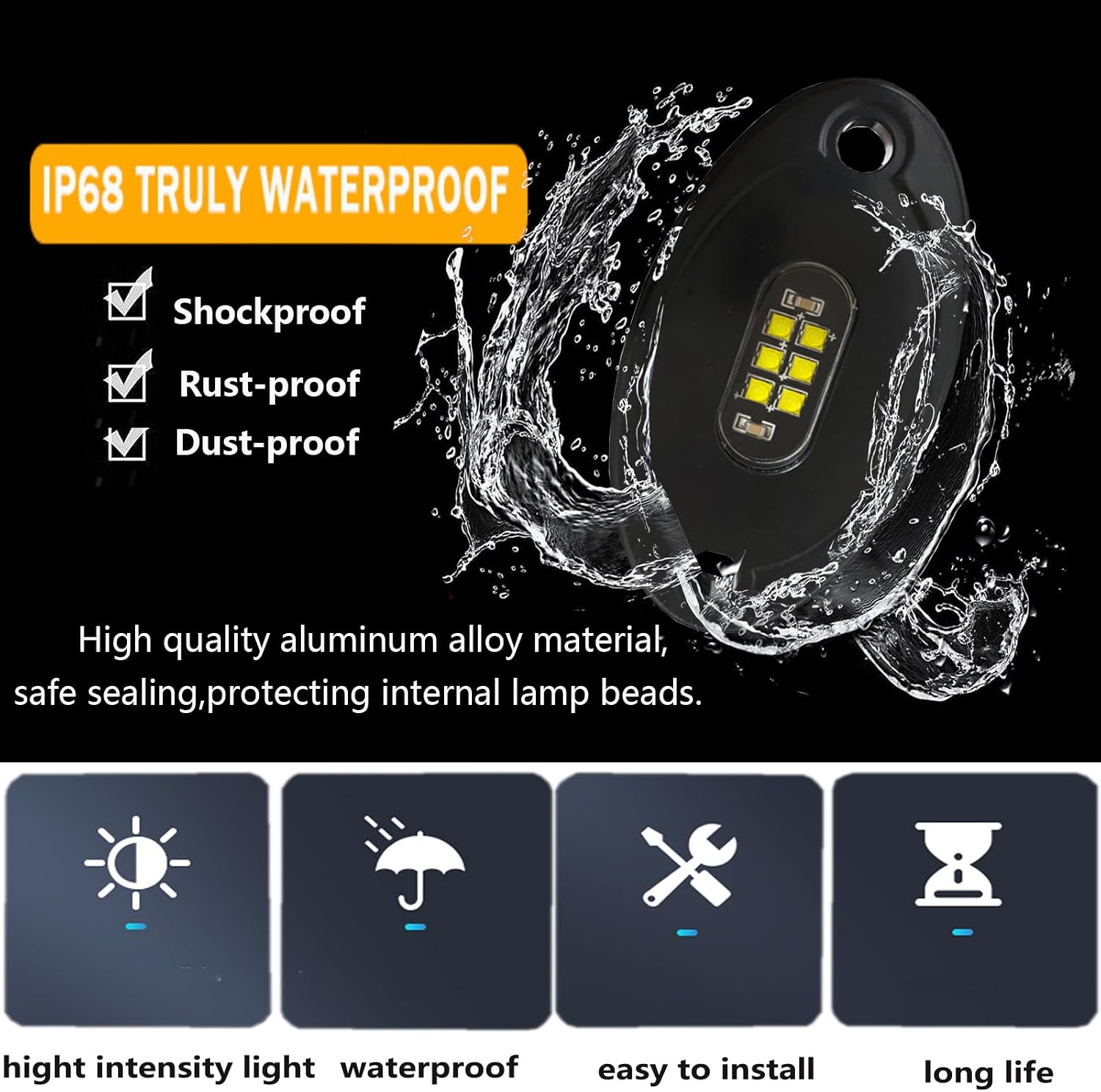 4Pods LED White Rock Lights, 3030-SMD Super Bright Underbody Off-Road Rock Light,12V Underglow Accenct Lights for Truck Pickup ATV Snowmobile