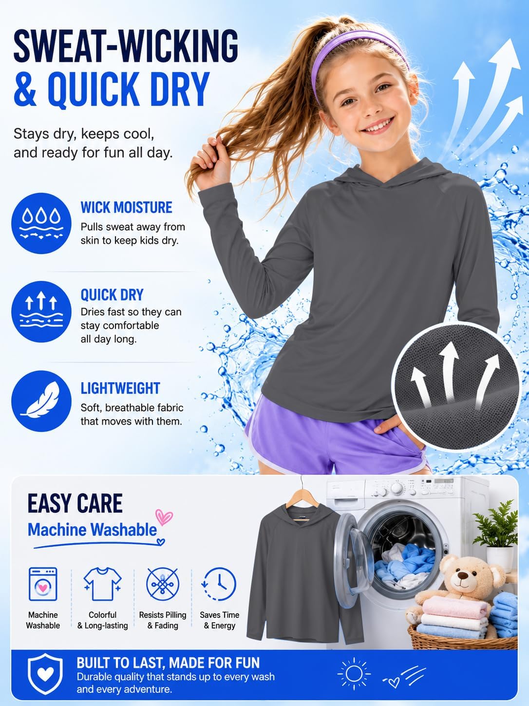 ZITY 3 Pack Rash Guard for Boys Girls Long Sleeve Hooded Swim Shirt Kids UPF50+ Sun Protection Fishing Shirt