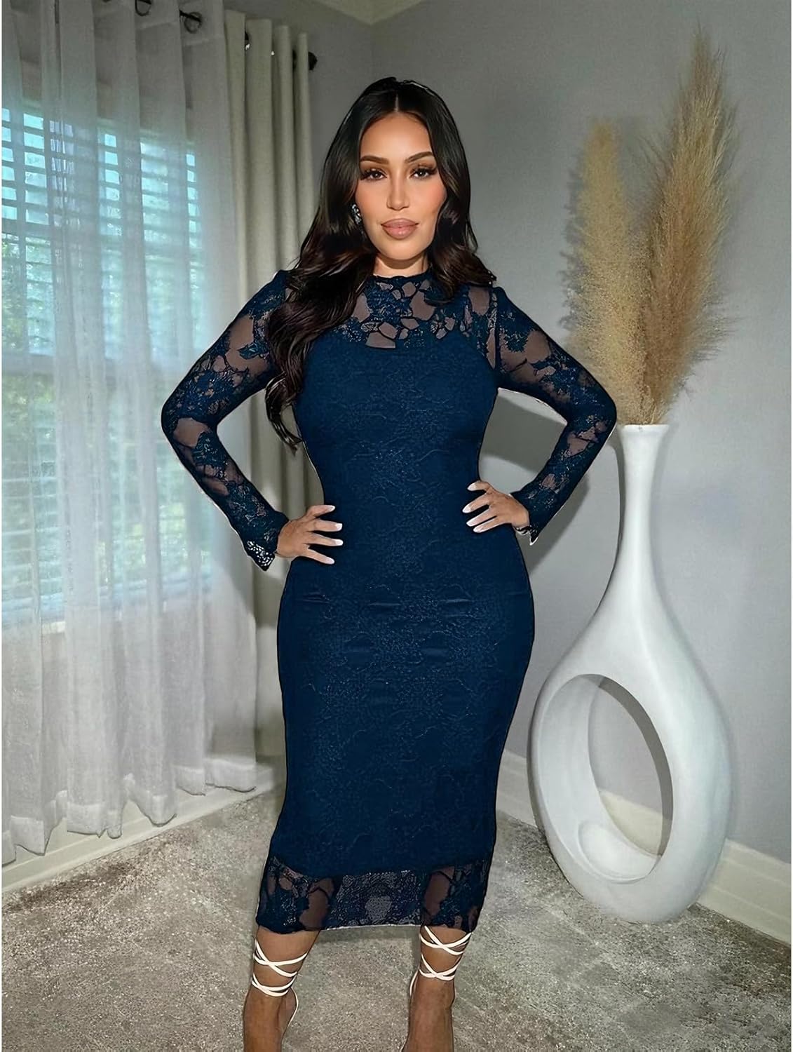 Womens Floral Lace Bodycon Midi Dress Long Sleeve Sexy See Through Mesh Club Party 2 Piece Dress Set - Image 3