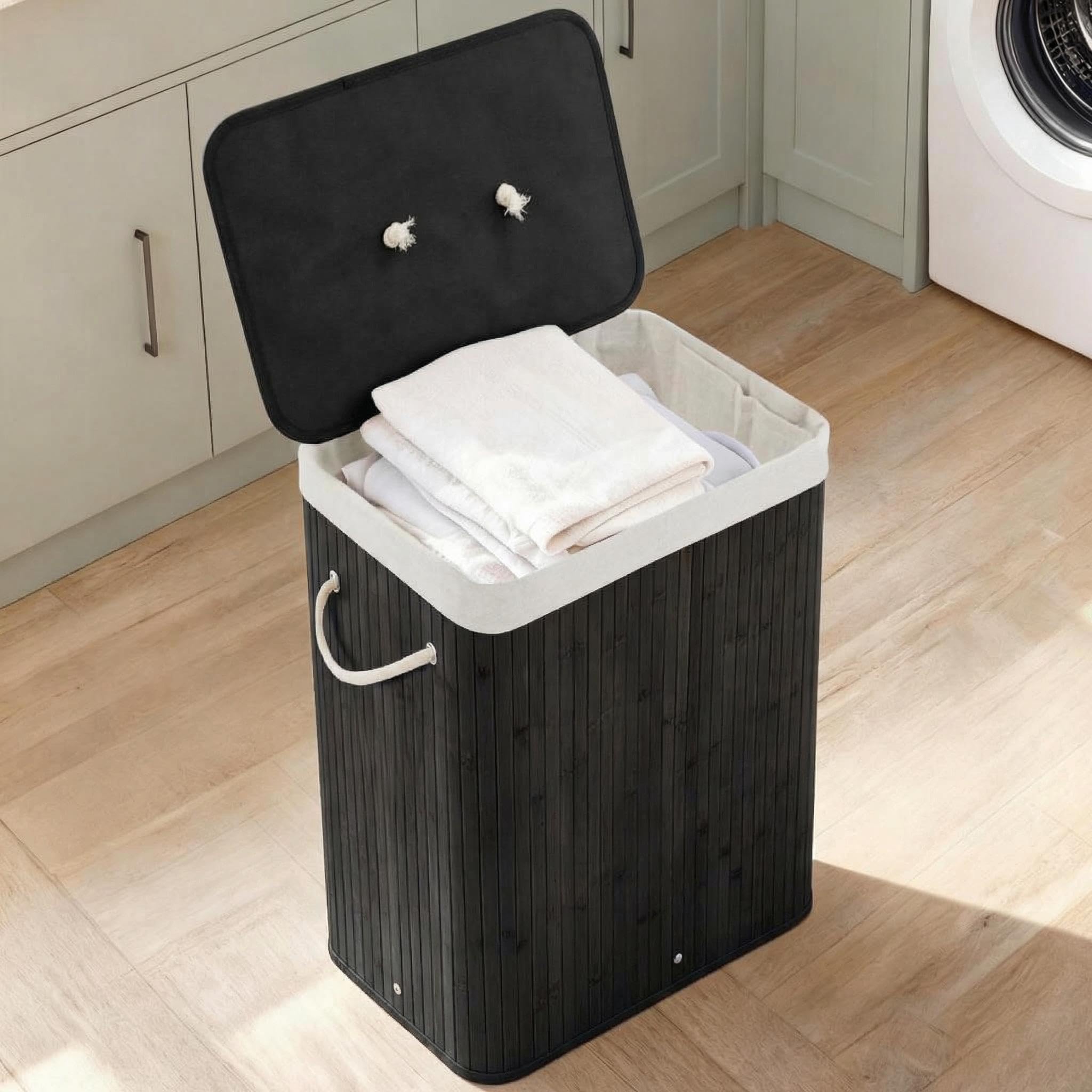 Garvee 106L Bamboo Laundry Basket with Lid and 4 Compartments, Collapsible Laundry Hamper with Removable Liner and Handles, Foldable Dirty Clothes Basket for Bathroom Bedroom Laundry Room, Black