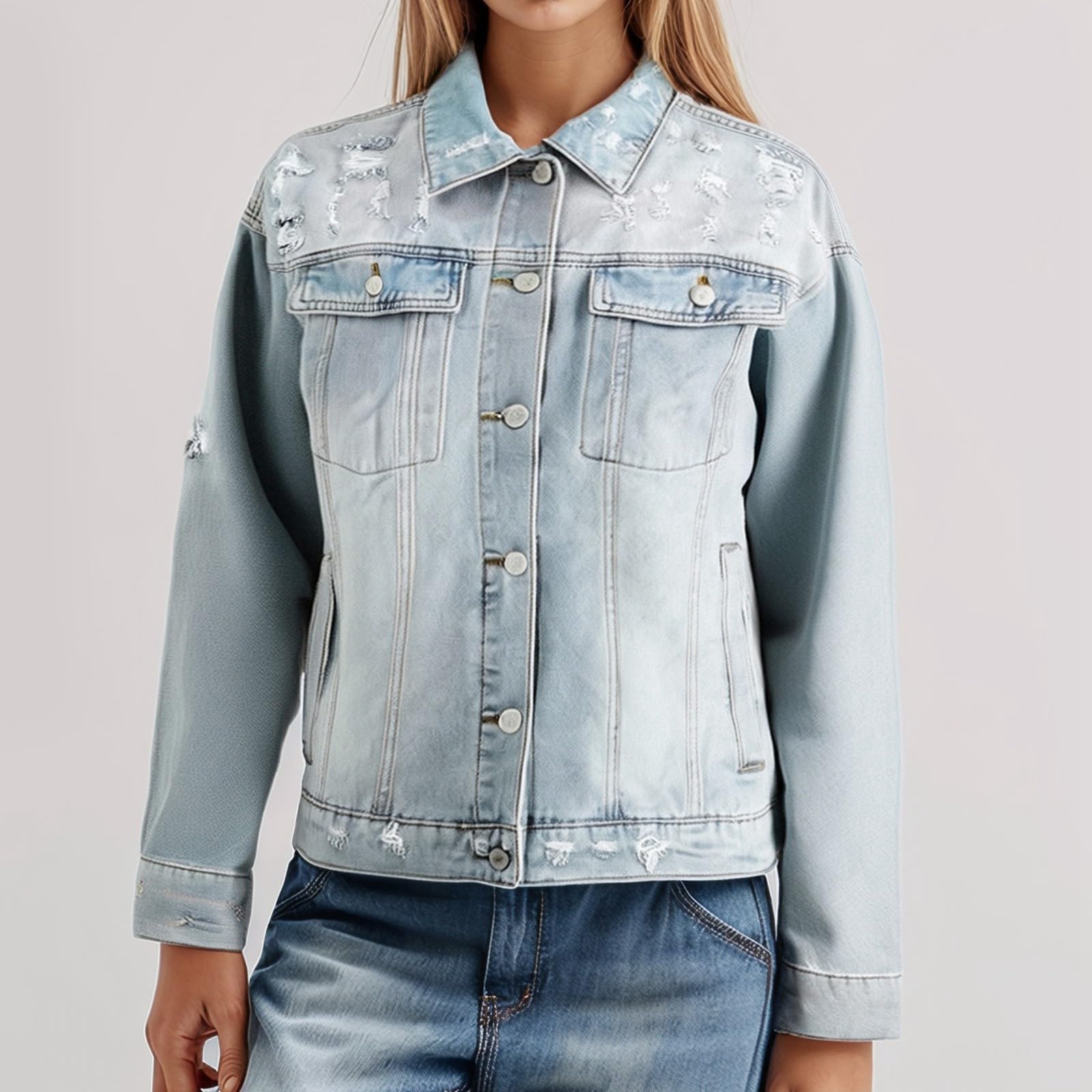 Chaqueta Vaquera Mujer, Chaqueta De Mezclilla Elástica Bordada Chaqueta Ligera Vaquera Manga Larga Básica Chaqueta Mezclilla Chaqueta De Entretiempo Chaqueta Mujer Deshilachado Dobladillo Bolsillos