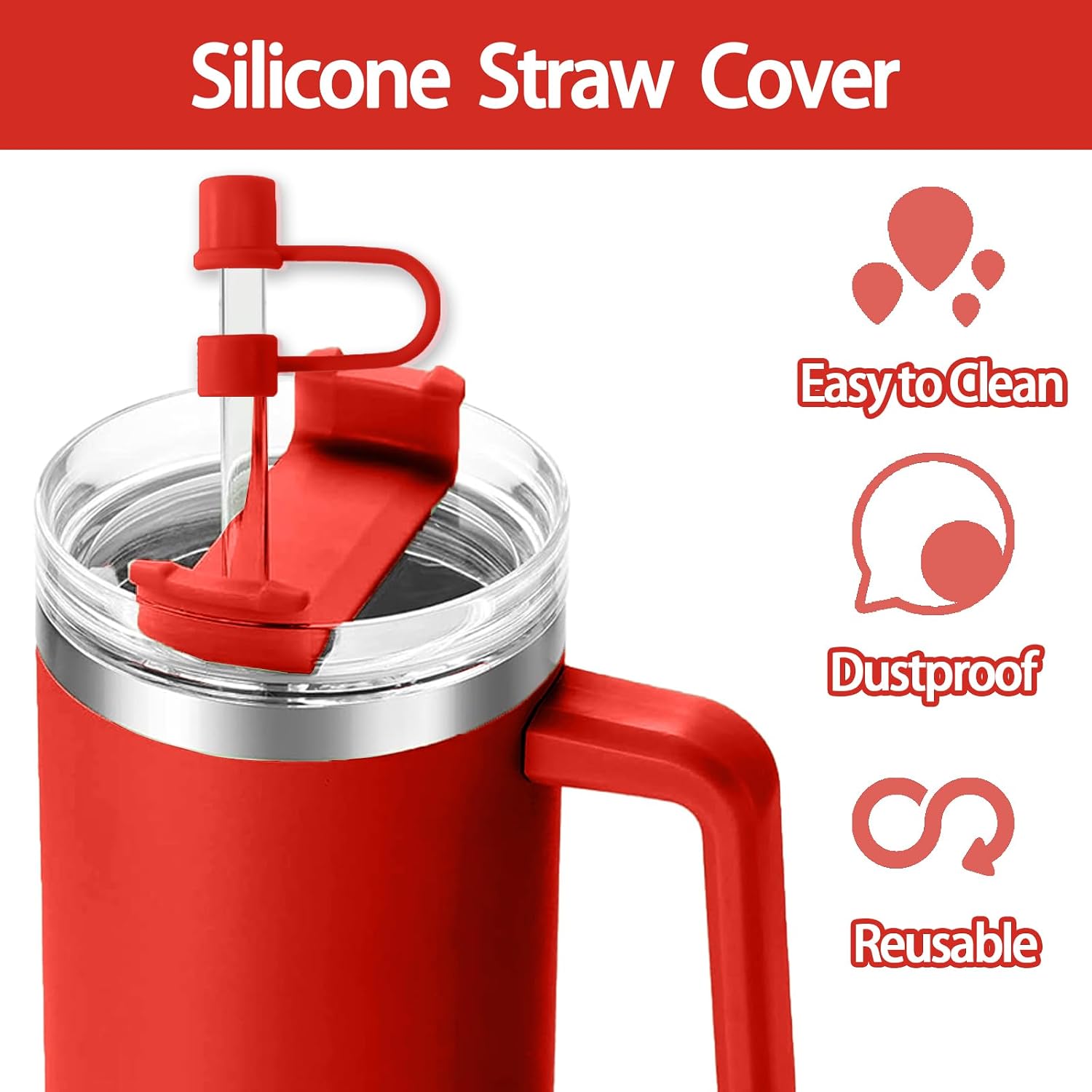 6PCS Silicone Straw Covers Cap Compatible with Stanley Cup 30-40 oz Tumbler with Handle 10mm Straw Toppers Reusable Cover for Stanley Cup Accessories（Red） image 2