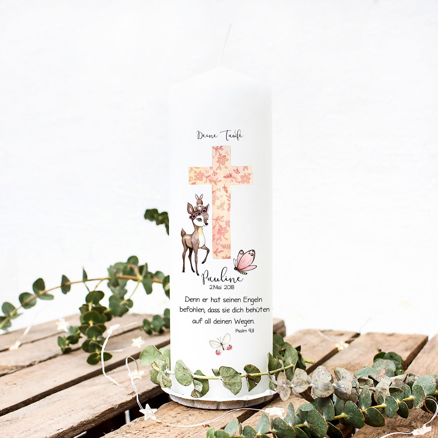 Taufkerze Kerze zur Taufe oder Geburt Kommunionkerze Kreuz rosa mit Reh Schmetterling Spruch Wunschname & Datum wk40 ilka parey wandtattoo-welt®