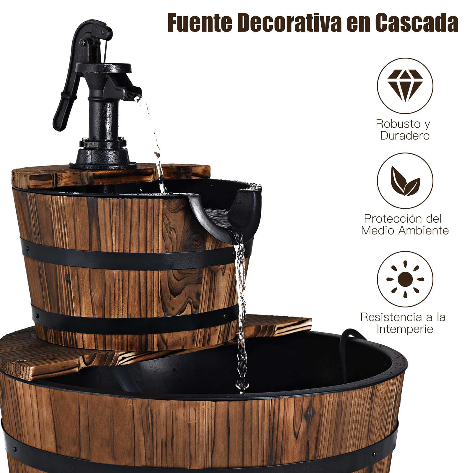 GOPLUS Fuente Jardín Exterior, Fuente Decorativa de 2 Niveles en Cascada de Madera de Abeto con Bomba 6W y Circulación del Agua, Decoración para Jardín, Terraza, Patio, 44,5 x 44,5 x 61cm