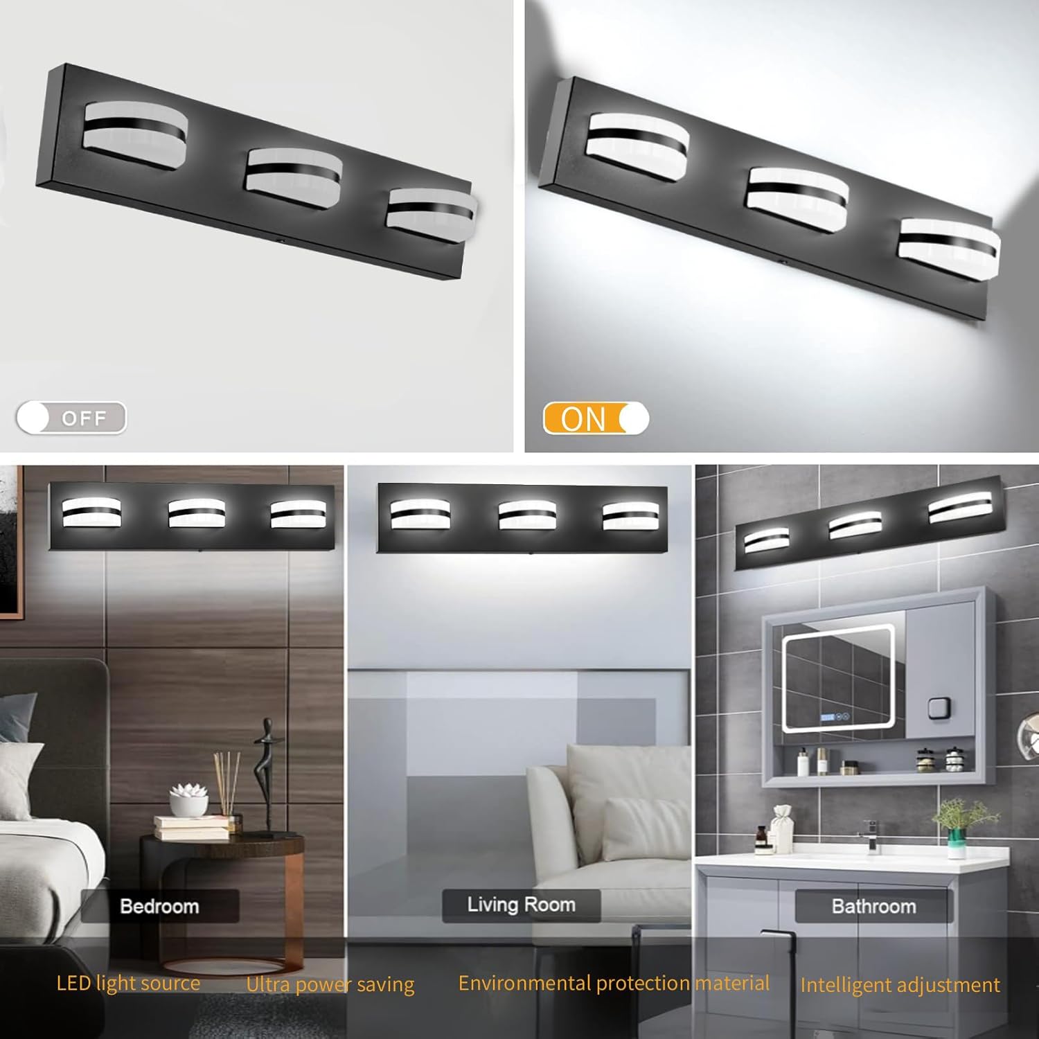 LED Dimmable Bathroom Vanity Light Fixtures, 1980LM 4 Light, Black Modern Matte Bathroom Lighting, Over Mirror Vanity Lights for Bathroom, Living Room, Bedroom ETL Certified